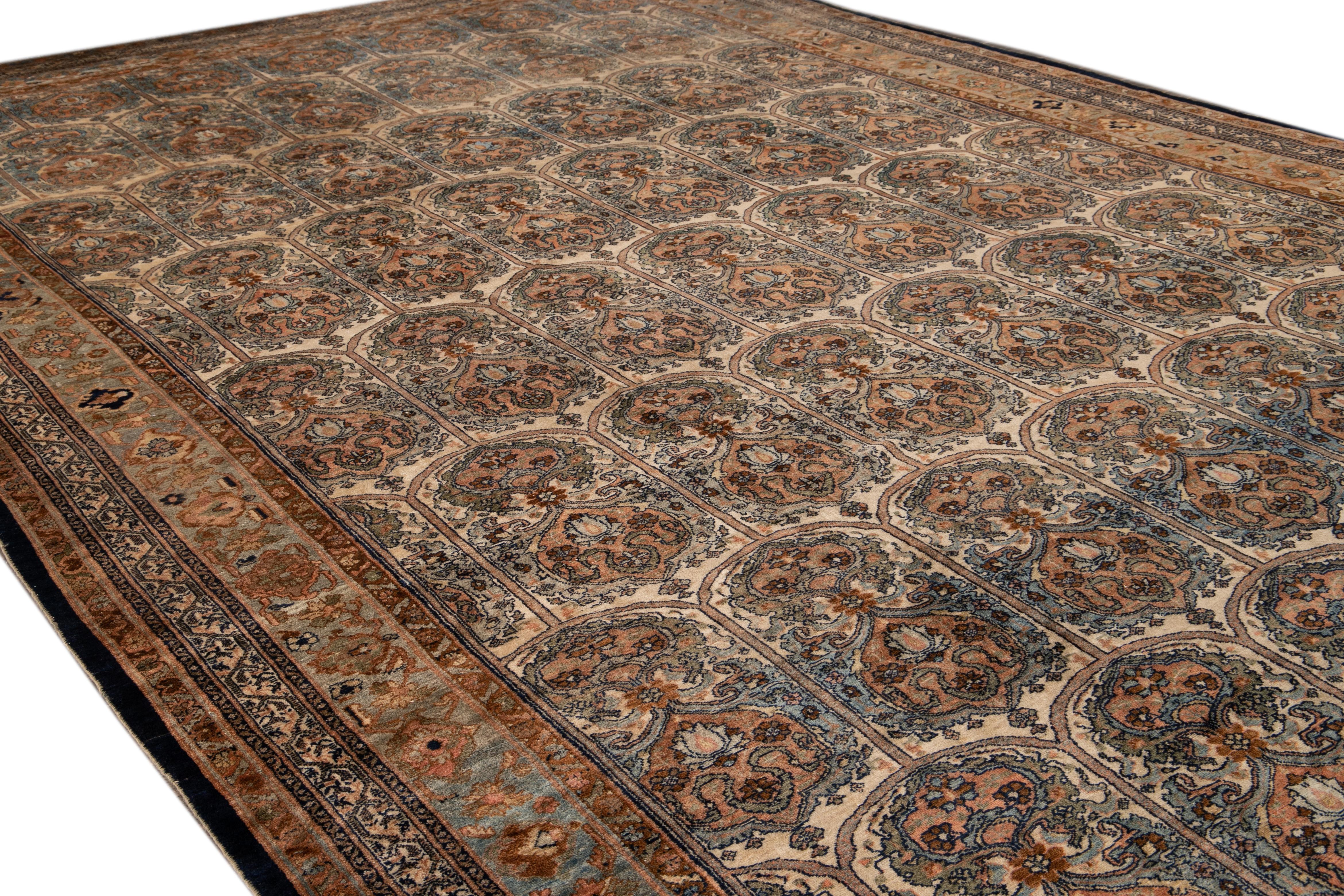 20th Century Antique Bibikabad Beige Handmade Persian Wool Rug with Allover Motif For Sale
