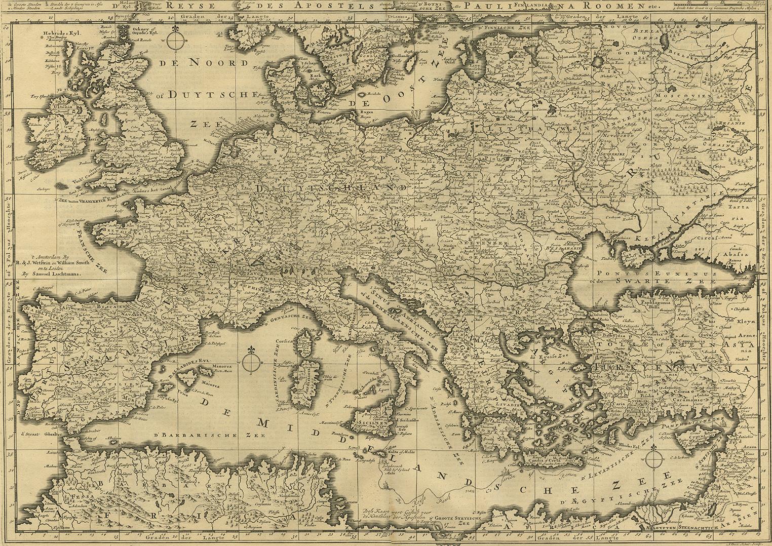 Antike Karte des Mittelmeers und eines großen Teils von Europa, die die Reise des heiligen Paulus nach Rom illustriert. Diese Karte stammt aus 