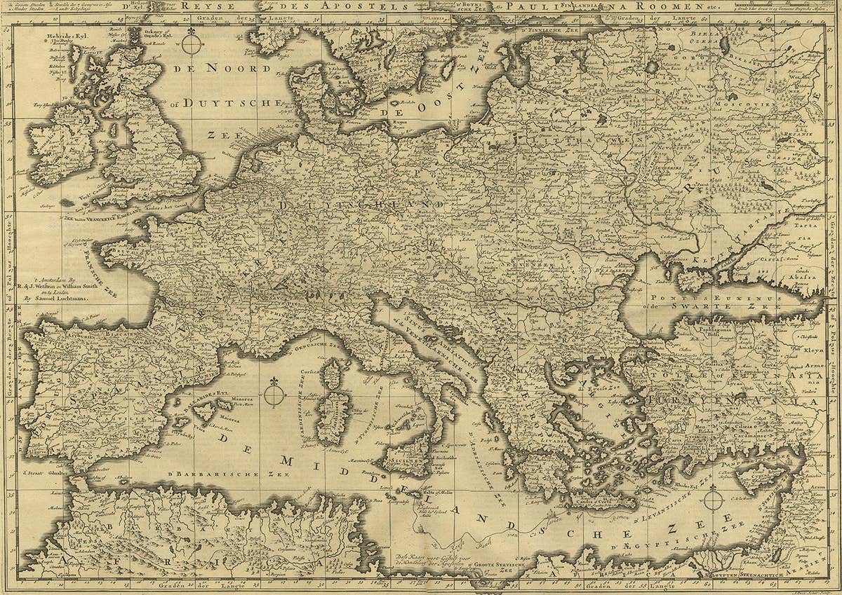 Rare Antique Bible Map of Southern Europe by A. Schut, 1743