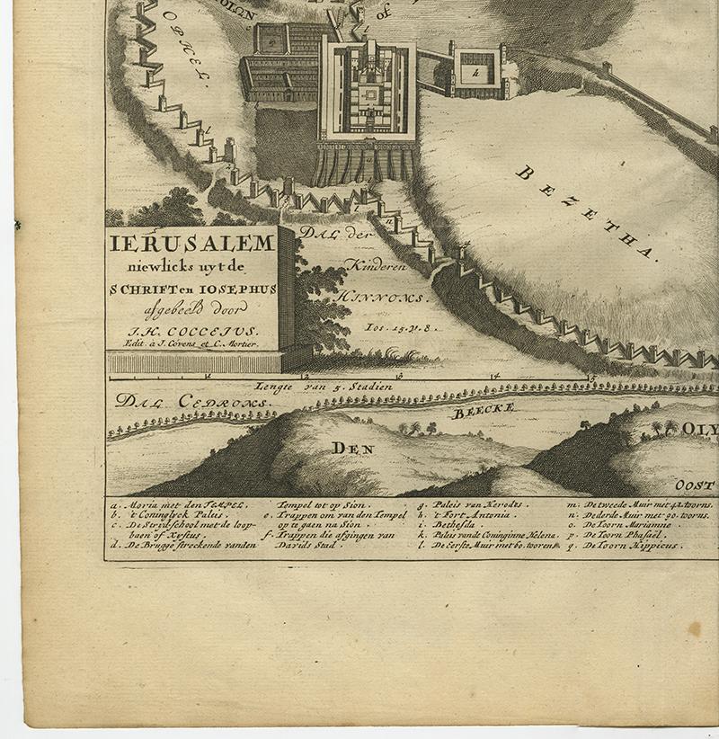 Antique Bible Plan of Jerusalem by Covens & Mortier, 1743 In Good Condition For Sale In Langweer, NL