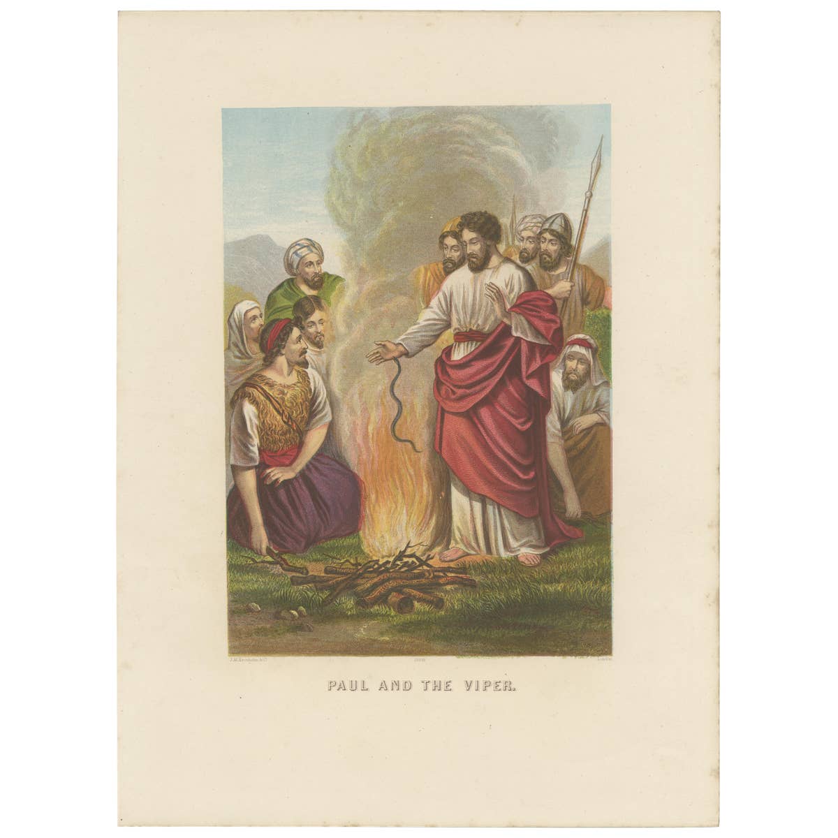 Antique Bible Print of Paul and the Viper by Kronheim 'c.1860'