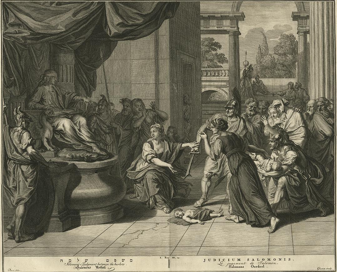 Antique print of Solomon's judgement and wisdom. The titles of the engraving below the image is in Hebrew, English, German, Latin, French and Dutch. This print originates from 'Tafereelen der Voornaamste Geschiedenissen van het Oude en Nieuwe