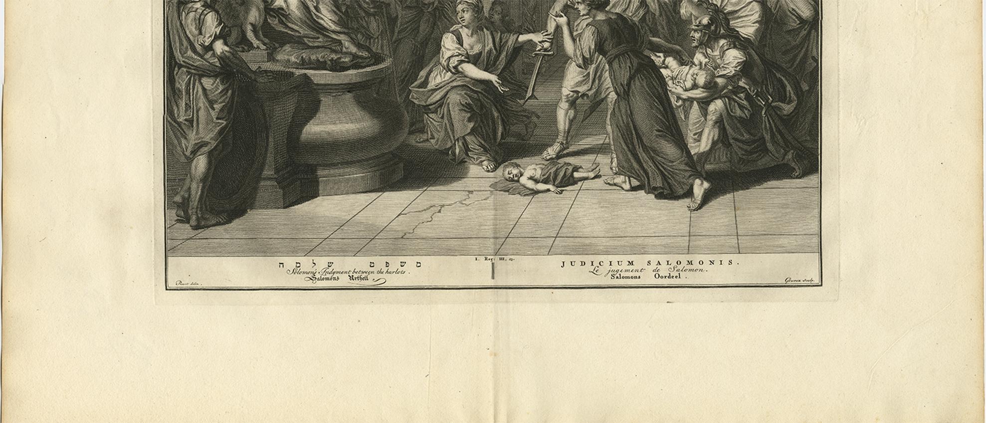 Antique Bible Print of Solomon's Judgement Made after B. Picart, 1728 In Good Condition For Sale In Langweer, NL
