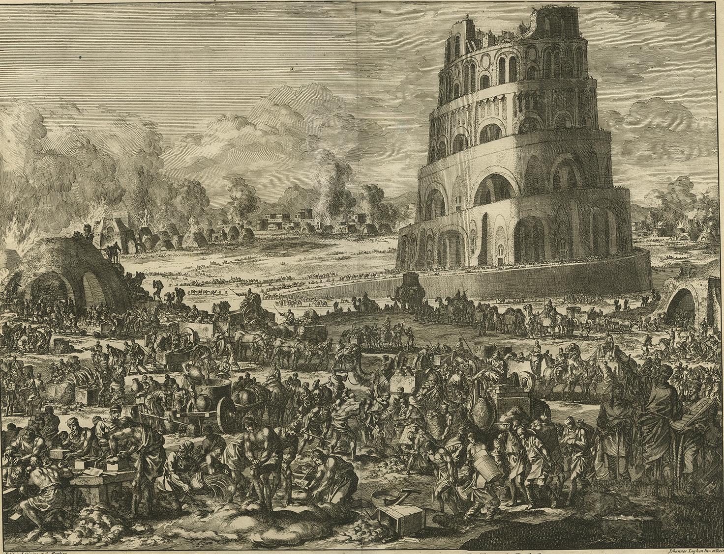 18th Century Antique Bible Print of The Tower of Babel, 1743 For Sale