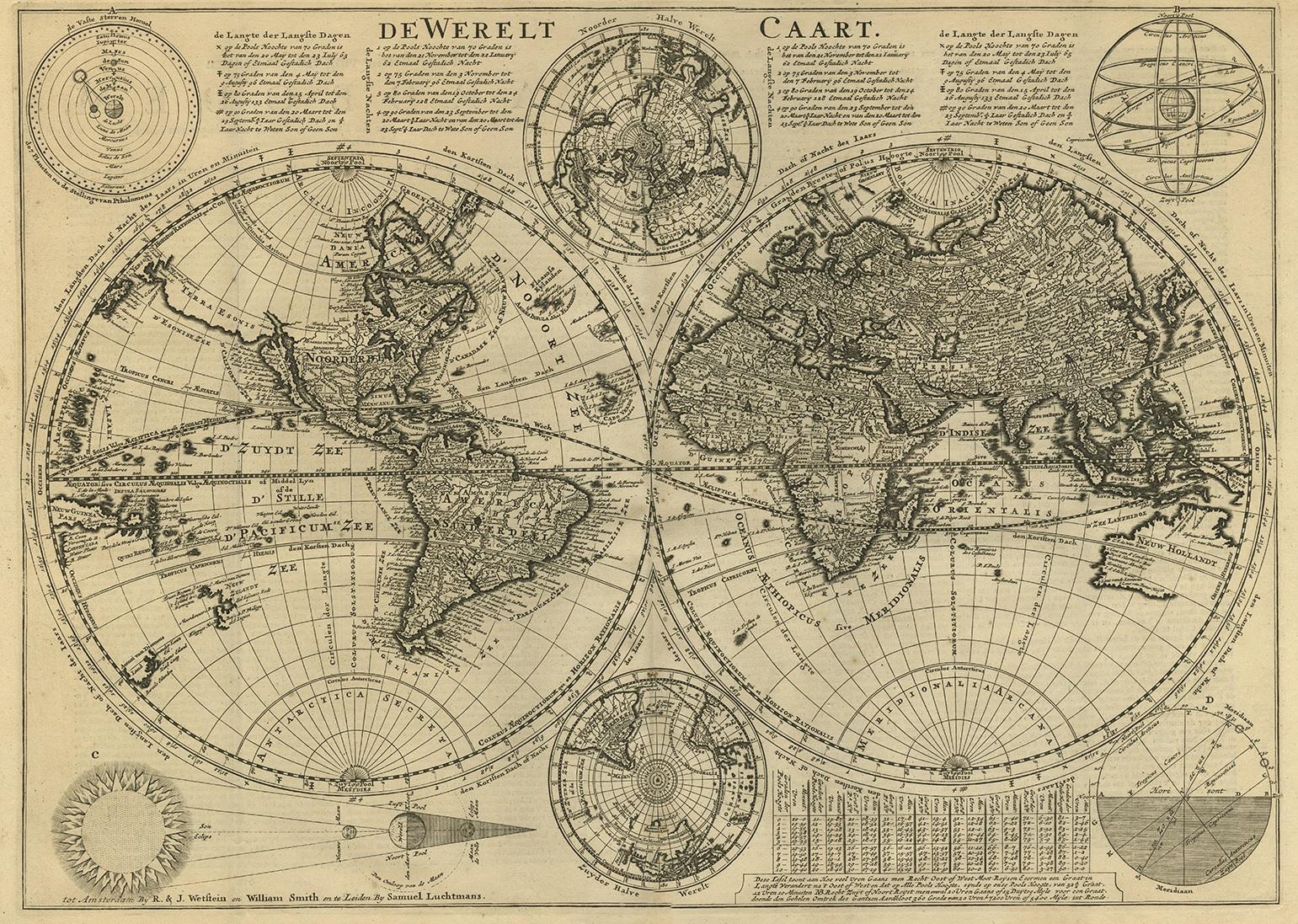 Antique world map titled 'De Werelt Caart'. 

A scarce and richly detailed double hemisphere world map that was probably based on an earlier work by Cornelis Dankerts. This map has two small inset polar hemisphere maps and astronomical diagrams. The