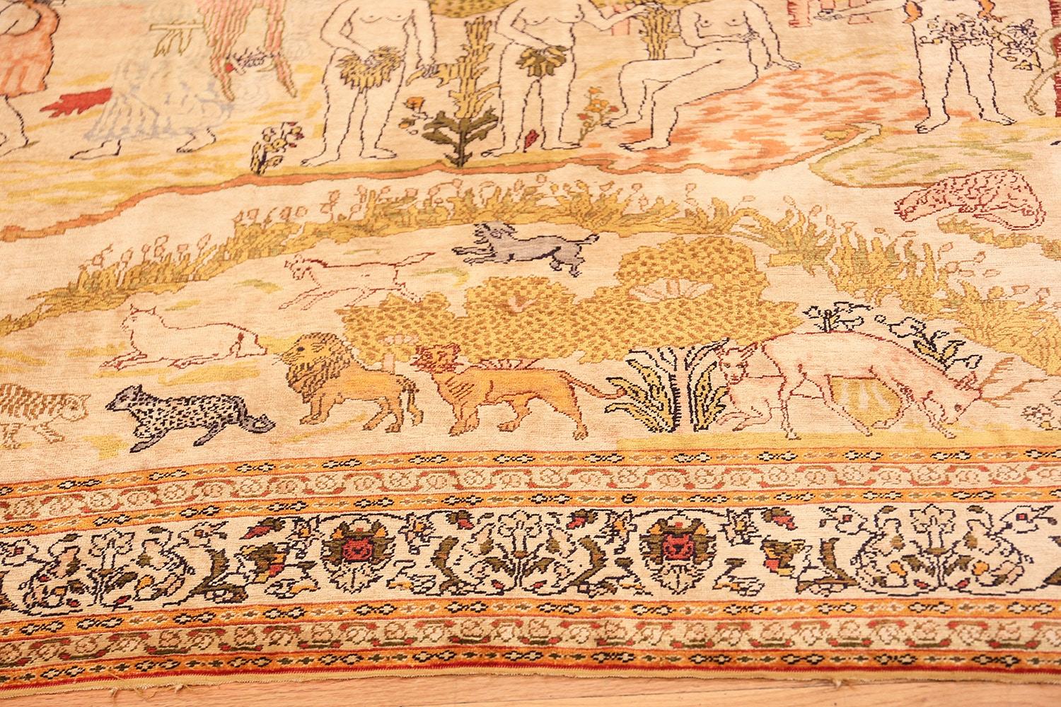 Fine Biblical Scene Turkish Pictorial Antique Silk Rug That Depicts The Story of The Banishment From The Garden Of Eden, Country of Origin / Rug Type: Turkish Rug, Circa Date: Late 19th Century. Size: 7 ft x 5 ft (2.13 m x 1.52 m)

