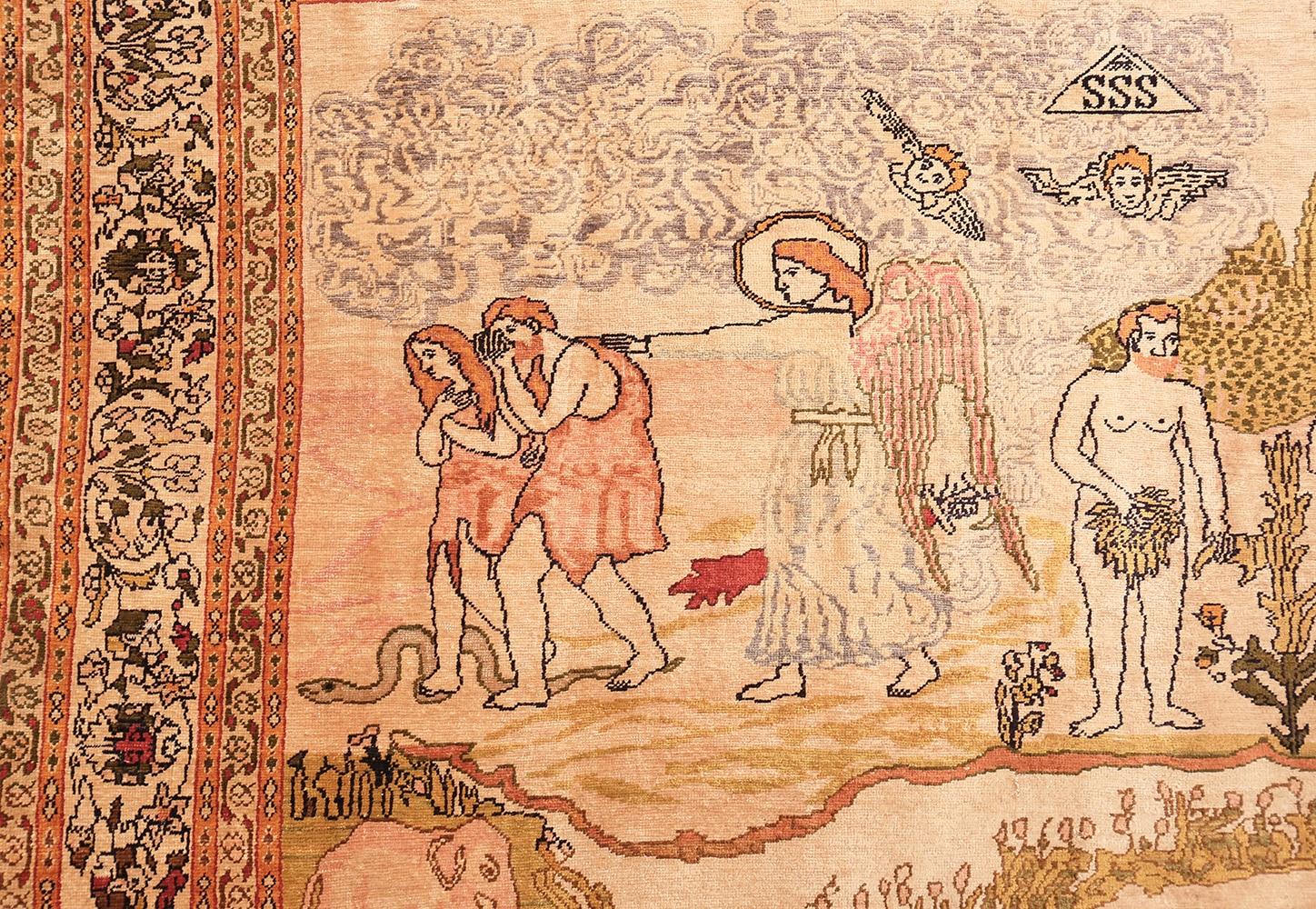 Hand-Knotted Antique Biblical Adam and Eve Scene Turkish Hereke Silk Rug.7 ft x 5 ft For Sale