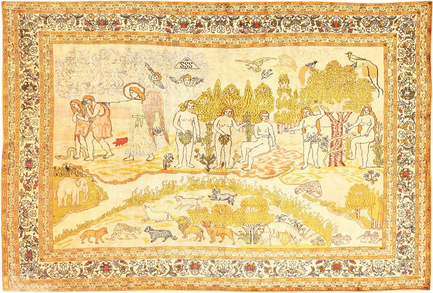 Antique Biblical Adam and Eve Scene Turkish Hereke Silk Rug.7 ft x 5 ft In Excellent Condition For Sale In New York, NY