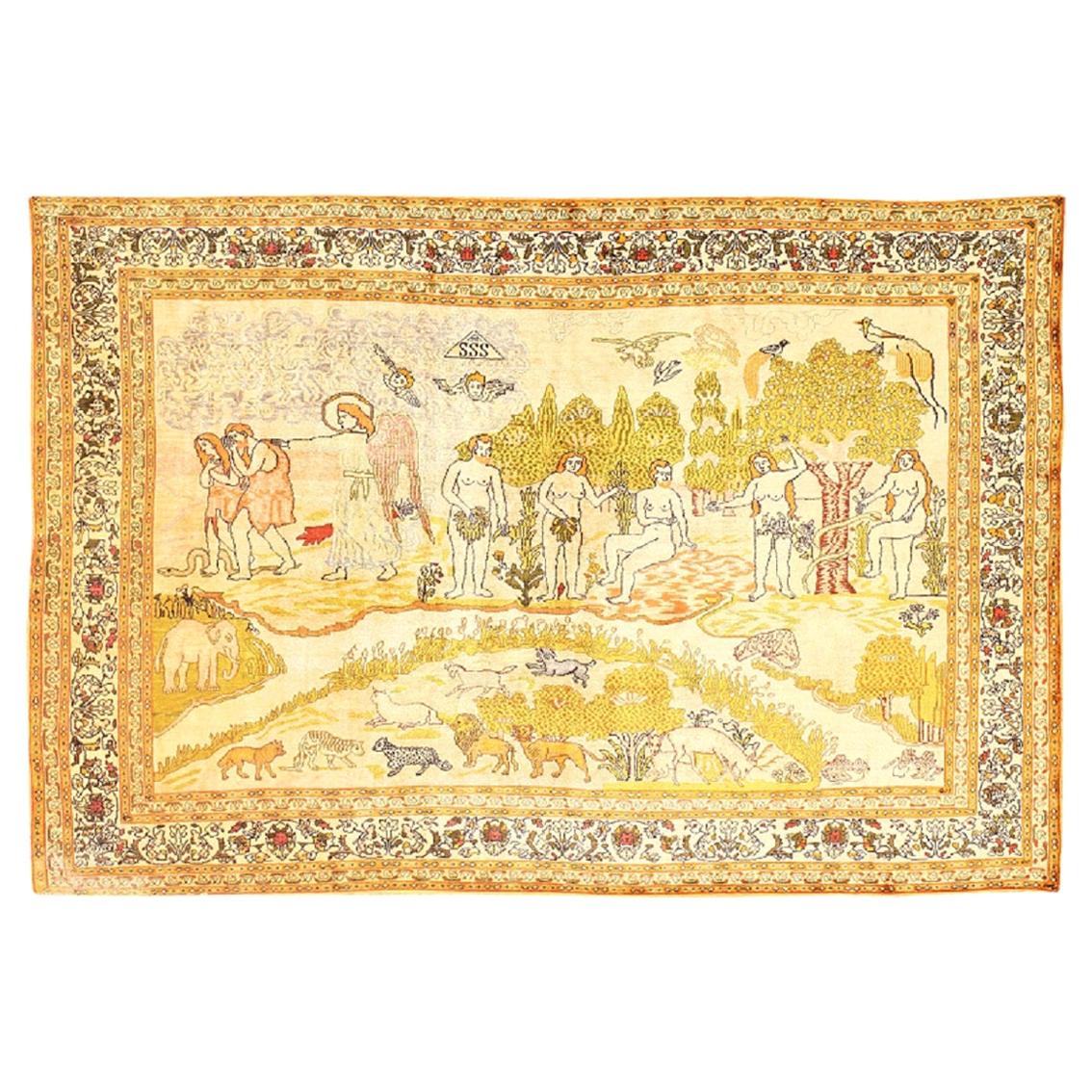 Antiker türkischer Hereke-Seidenteppich mit biblischer Adam und Eva-Szene, 7 Fuß x 5 Fuß