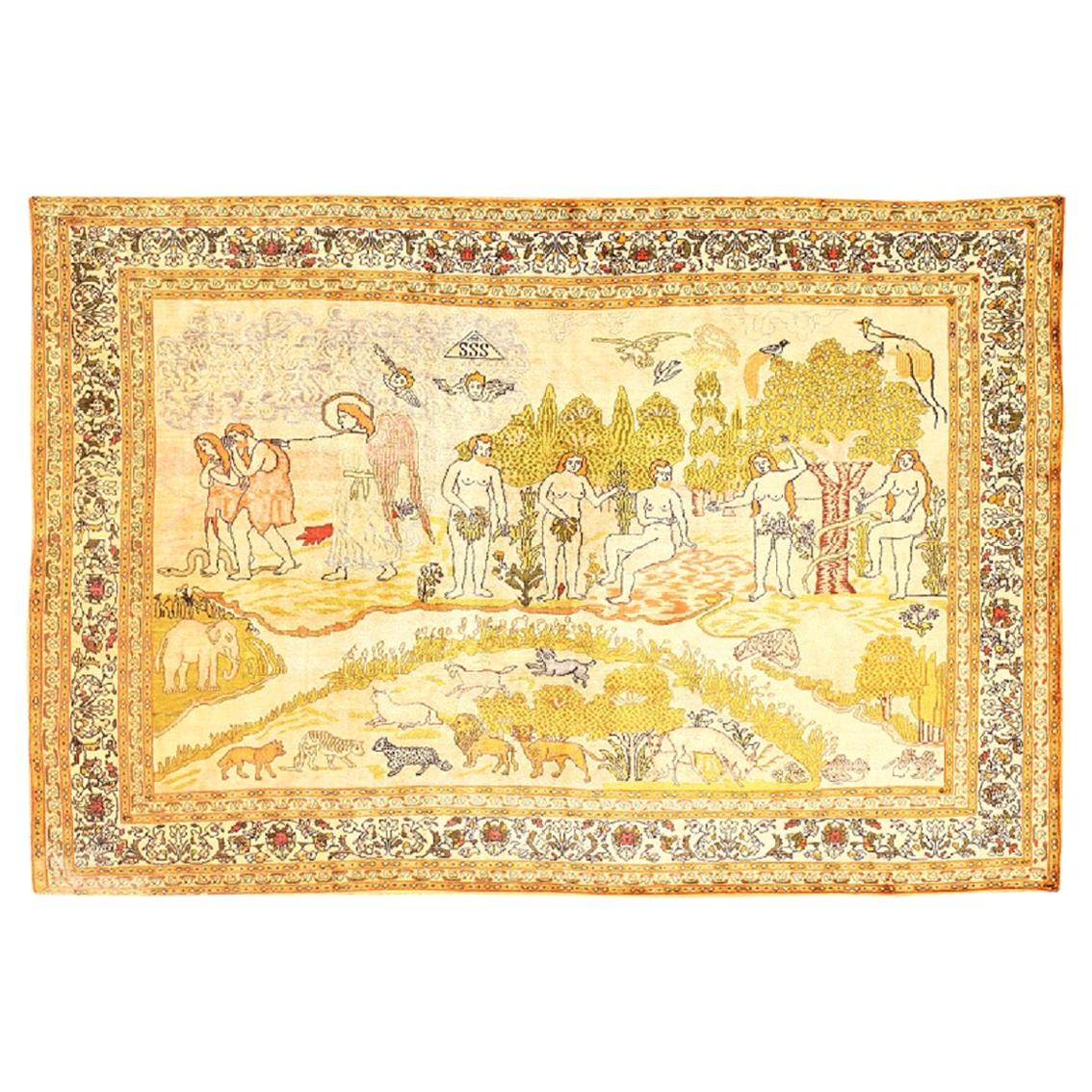 Nazmiyal Antique Biblical Adam and Eve Scene Turkish Hereke Silk Rug.7 ft x 5 ft