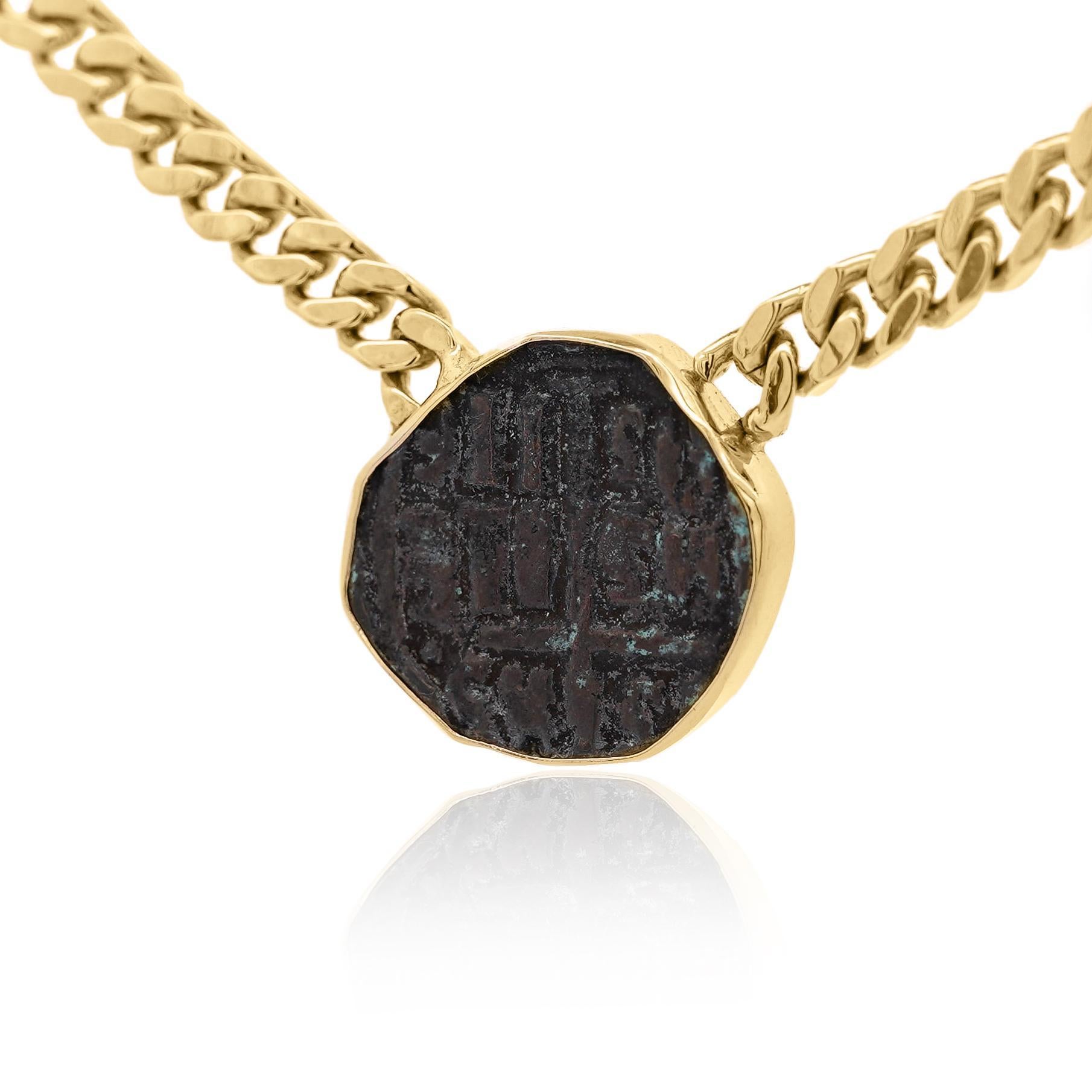 This unique 14K yellow gold necklace features an authentic antique Biblical coin bezel-set in a bold, timeless design. Paired with a durable gold chain and secure box clasp, it offers both historical significance and modern elegance.

Details:
Item