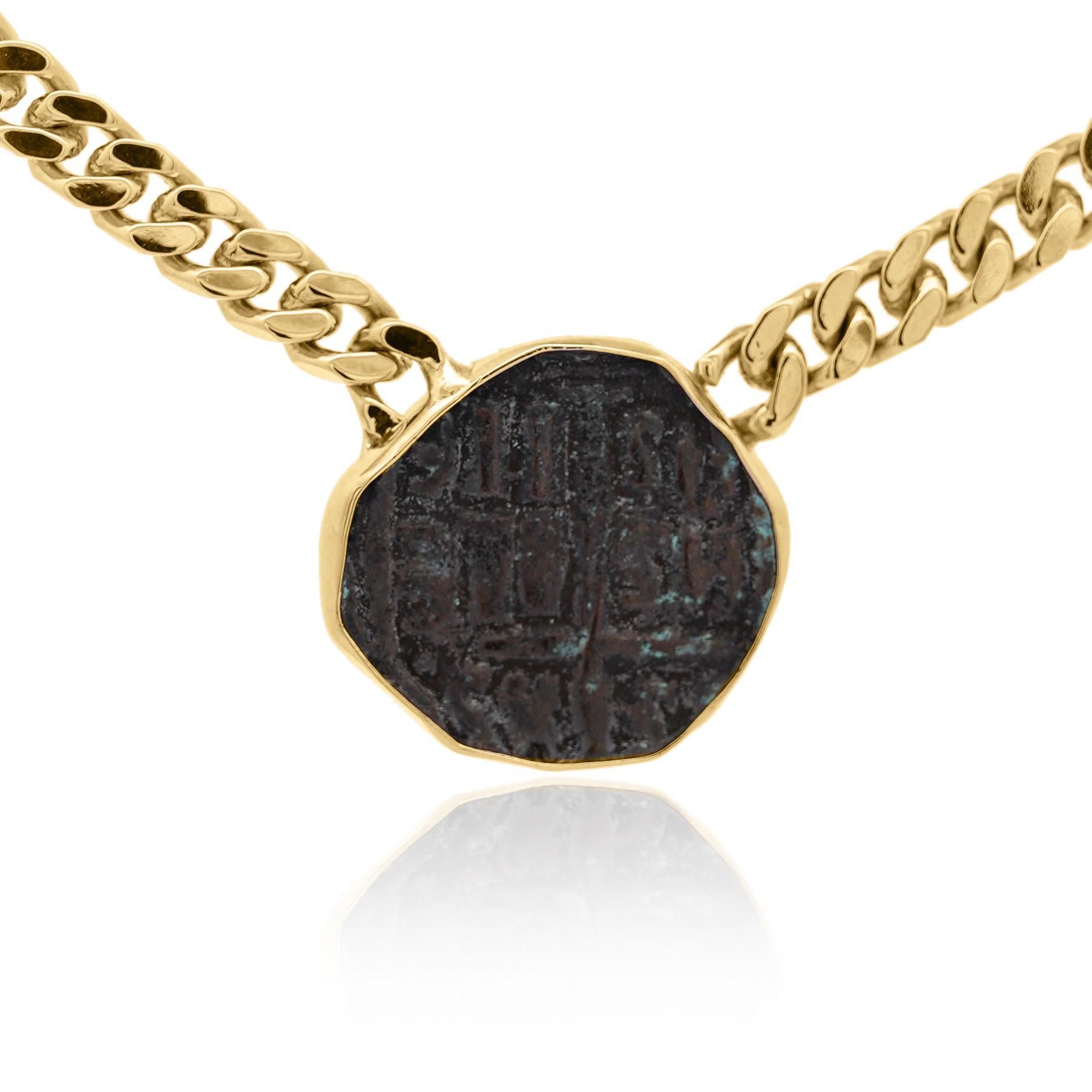 Antique Biblical Coin Bezel Set in 14K Yellow Gold Necklace In New Condition For Sale In Miami, FL
