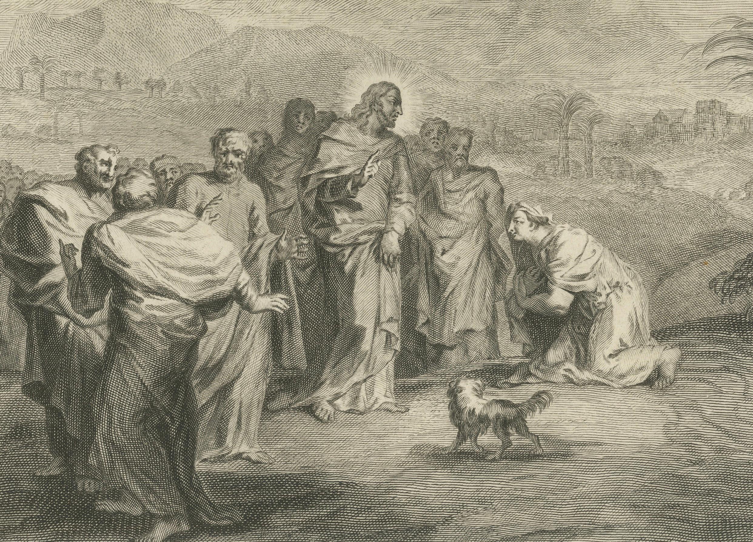 Antique Biblical Engravings – Christ Walking on Water & The Canaanite Woman, Pieter Mortier, ca. 1700

This impressive copperplate engraving, published in Amsterdam by Pieter Mortier around 1700, presents two of the most compelling Gospel