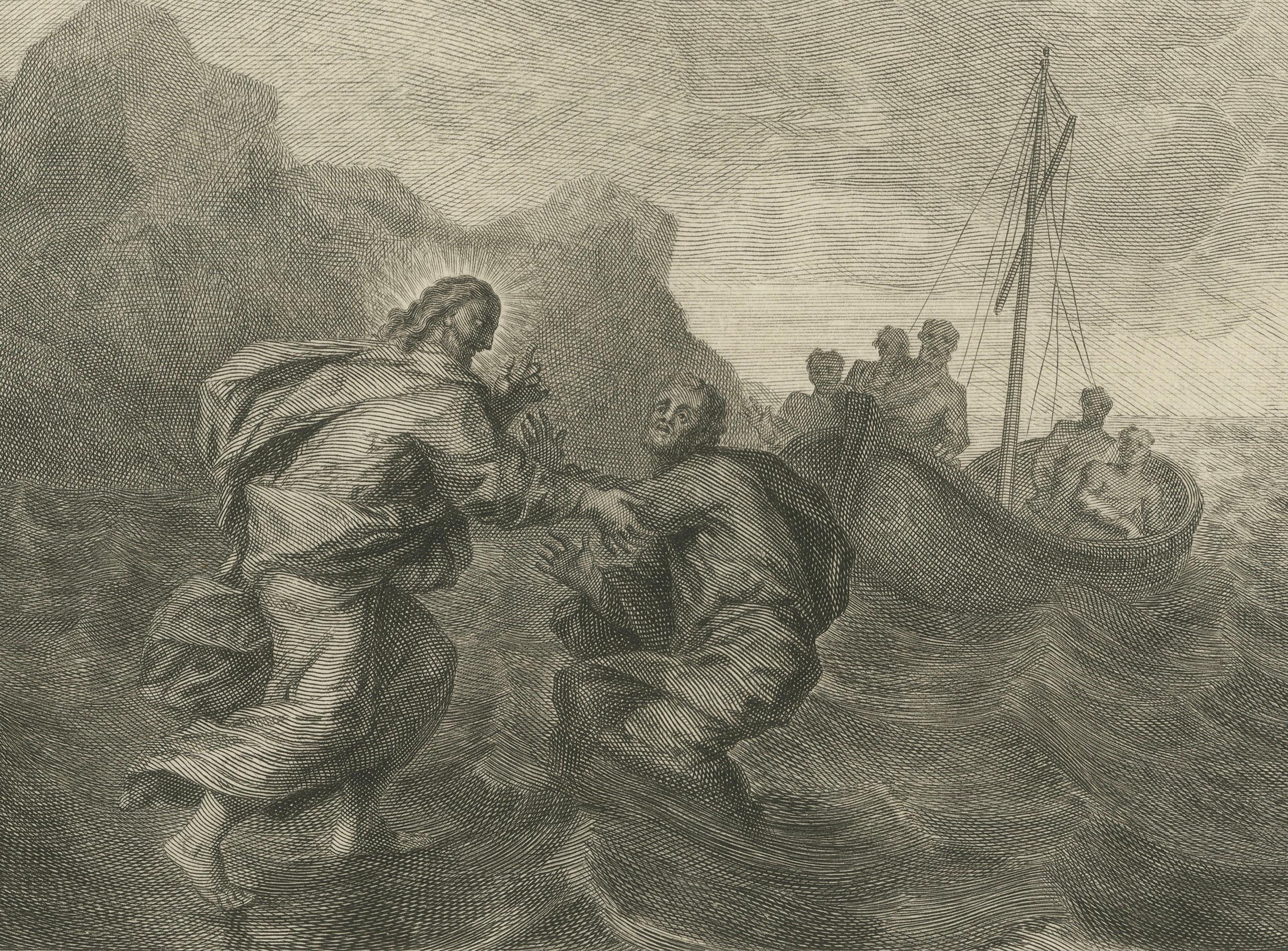 Antike biblische Stiche - Christus, der auf dem Wasser geht & Kanaanäische Frau, 1700 (Niederländisch) im Angebot
