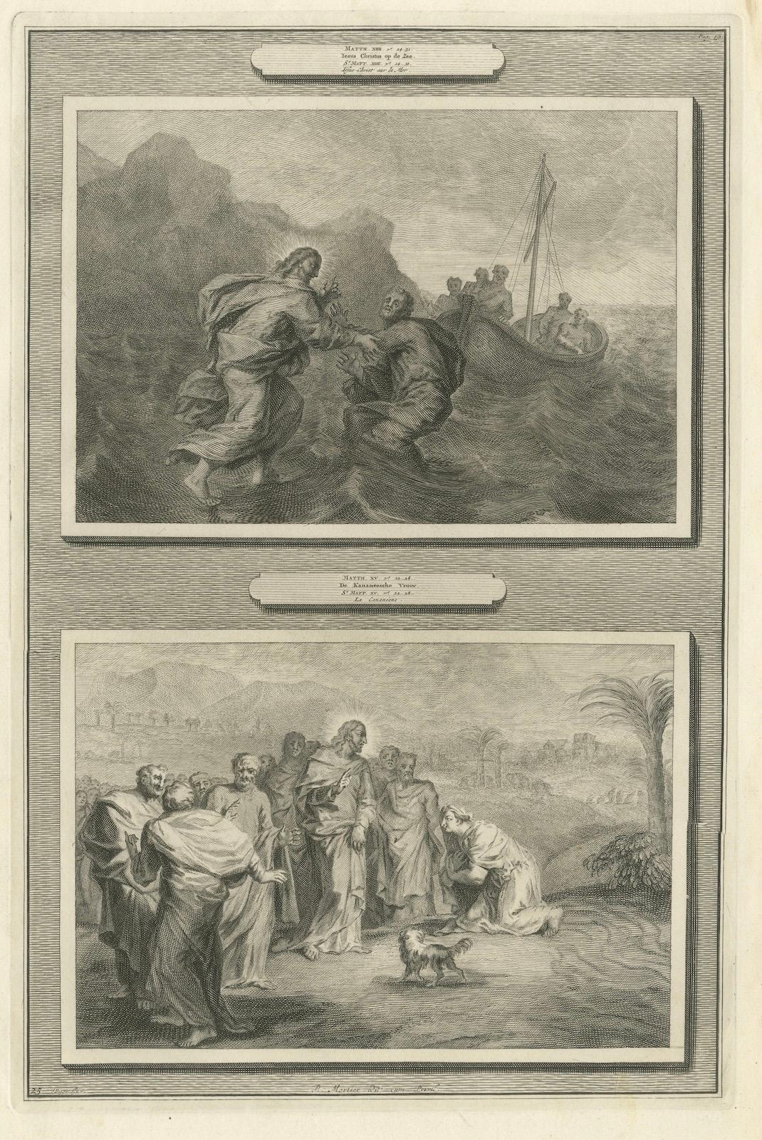 Antike biblische Stiche - Christus, der auf dem Wasser geht & Kanaanäische Frau, 1700 (Frühes 18. Jahrhundert) im Angebot