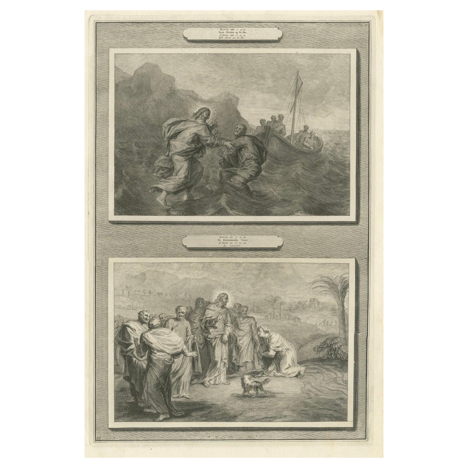 Antike biblische Stiche - Christus, der auf dem Wasser geht & Kanaanäische Frau, 1700