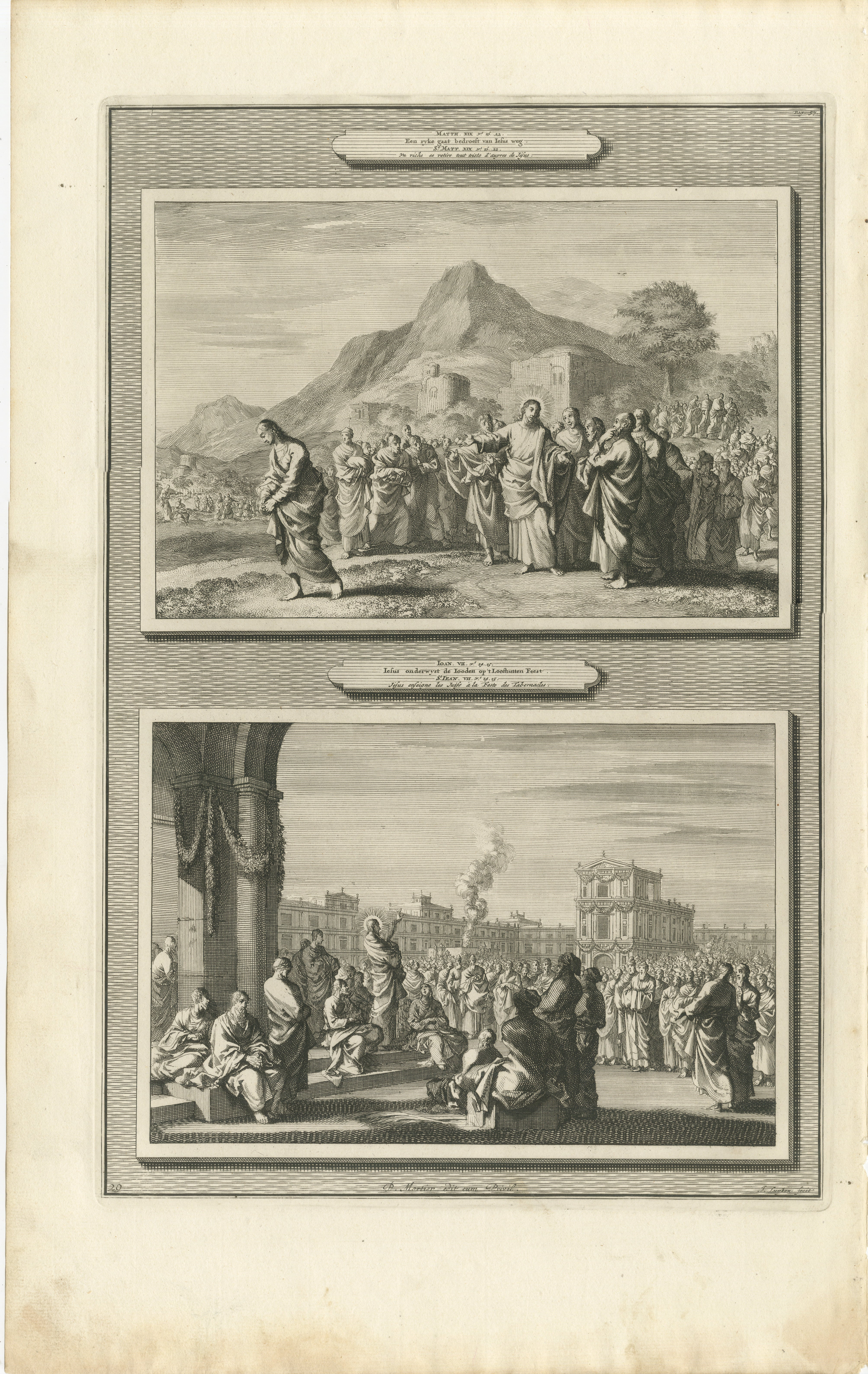 Antike biblische Stiche - Der reiche junge Mann und Christus, der beim Festmahl lehrt, 18.

Dieser feine antike Stich zeigt zwei bedeutende Episoden aus dem Neuen Testament, ausgeführt in detaillierter Linienführung, die für biblische Druckzyklen
