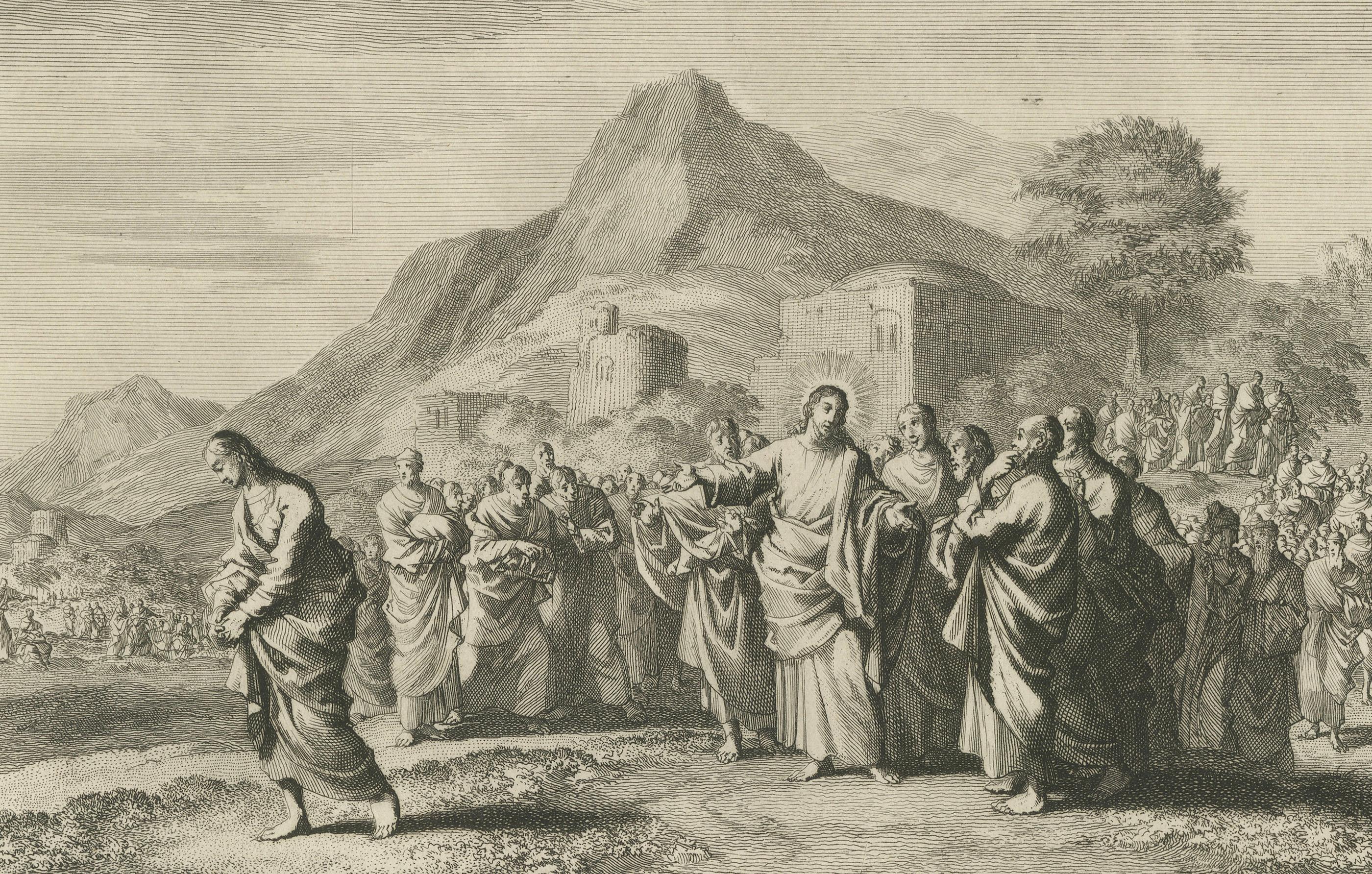 Antike biblische Stiche - Der reiche junge Mann & Christus lehrt die Juden, um 1700 im Zustand „Gut“ im Angebot in Langweer, NL