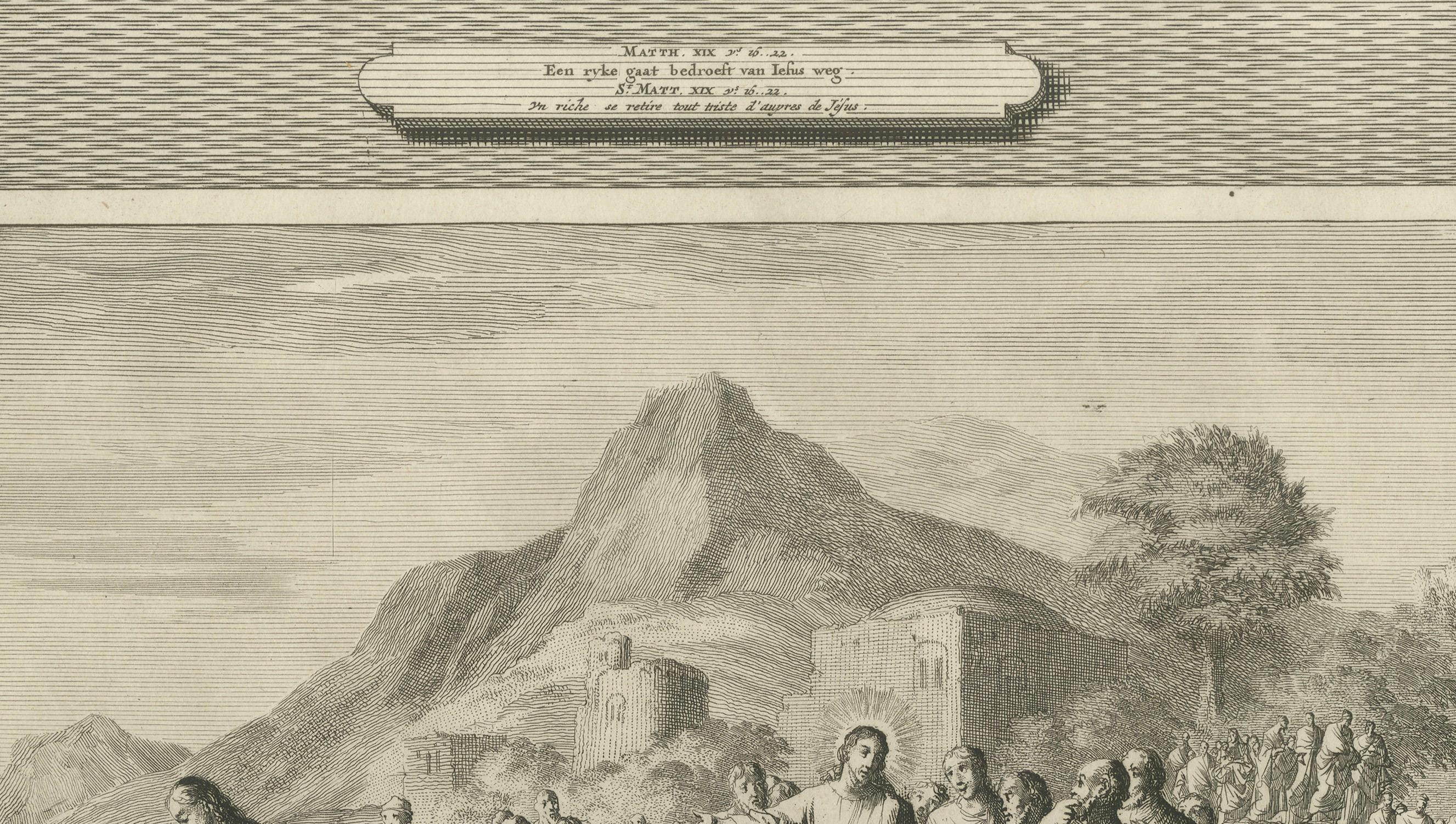 Antike biblische Stiche - Der reiche junge Mann & Christus lehrt die Juden, um 1700 (Frühes 18. Jahrhundert) im Angebot