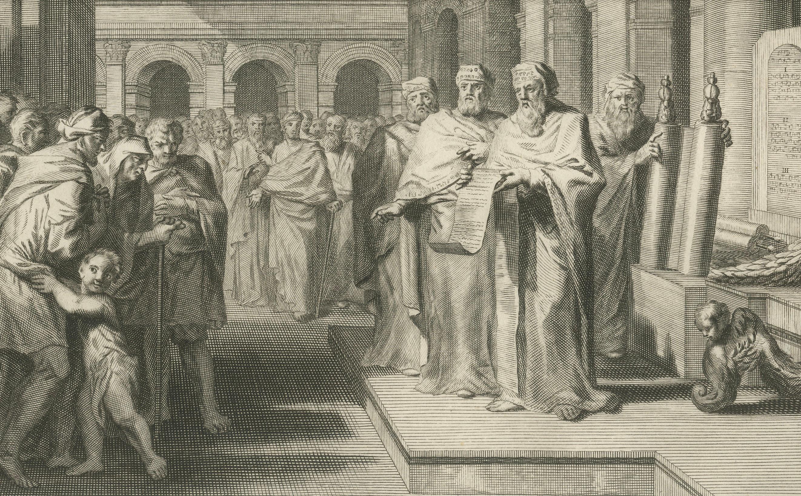 Antike Bibelstiche - Tribut an Cäsar & Gesetzeslesung, ca.1700 (Niederländisch) im Angebot