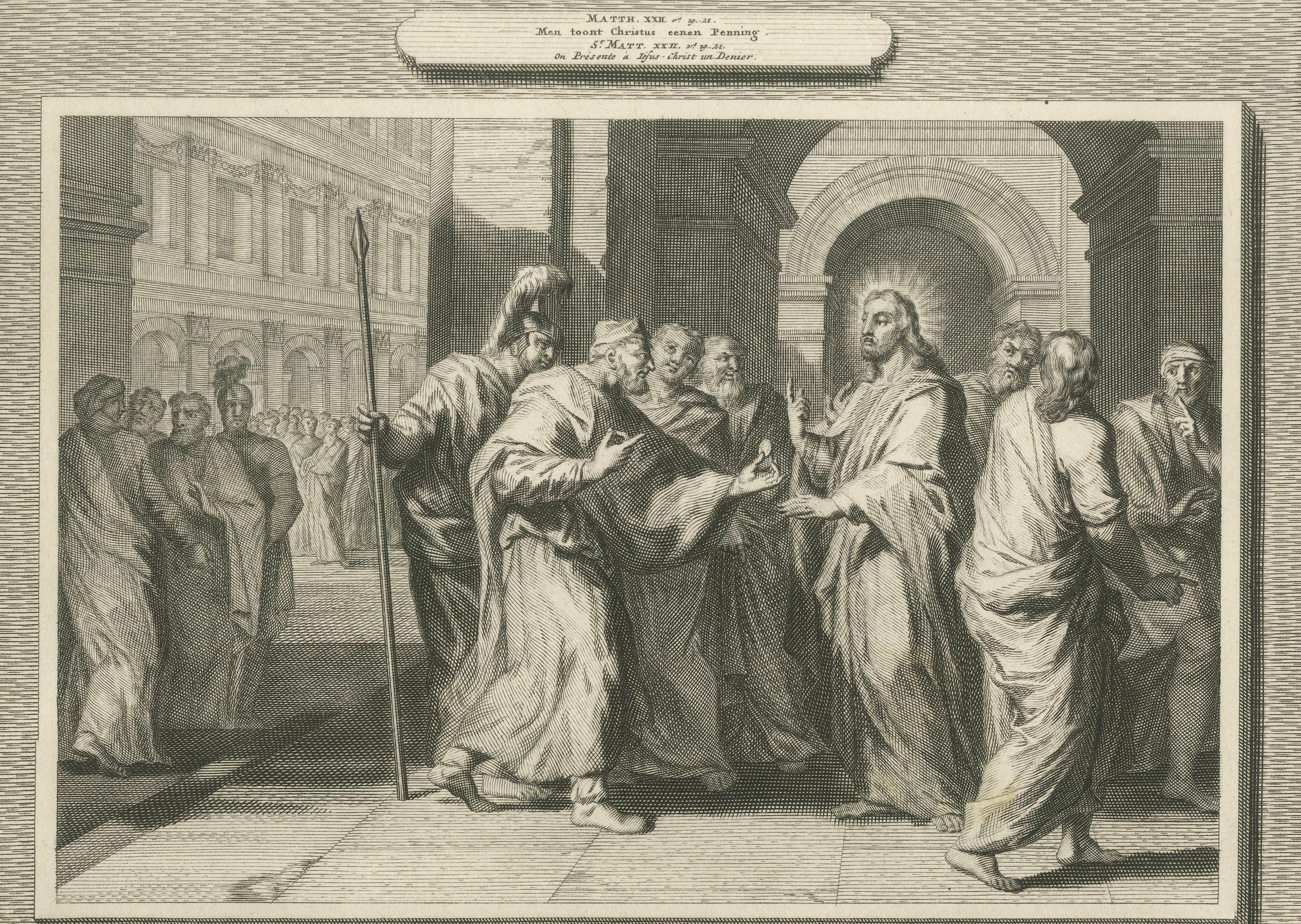 Antike Bibelstiche - Tribut an Cäsar & Gesetzeslesung, ca.1700 (Frühes 18. Jahrhundert) im Angebot