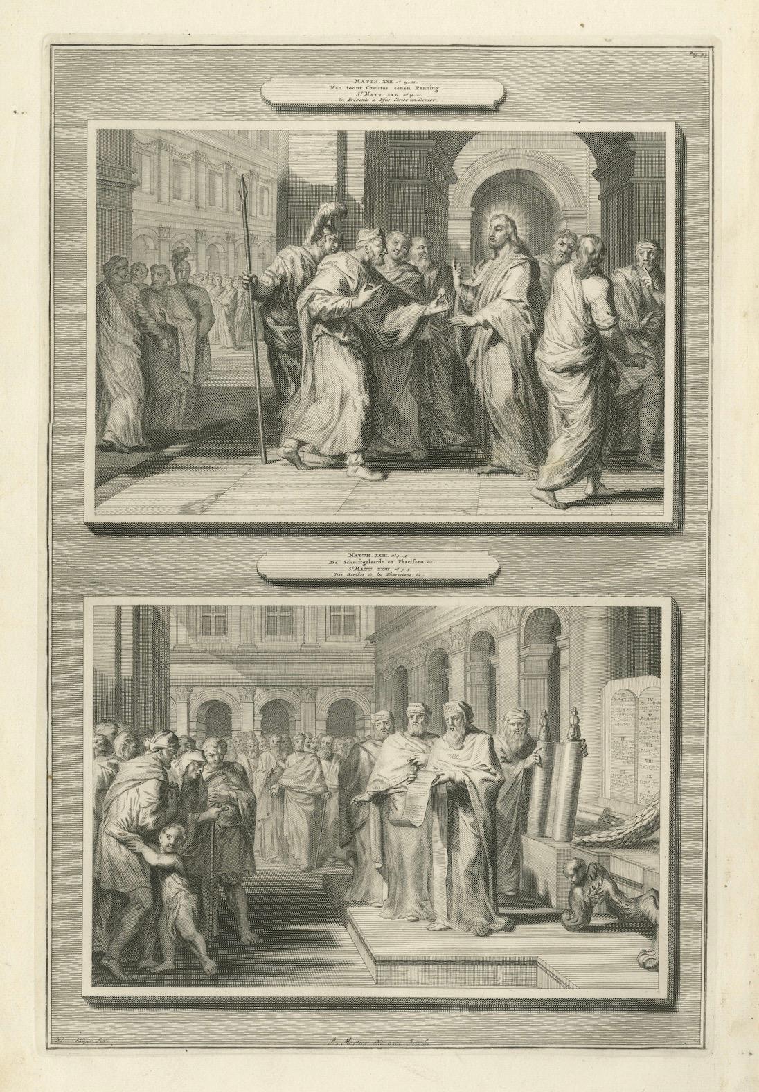 Antike Bibelstiche - Tribut an Cäsar & Gesetzeslesung, ca.1700 (Papier) im Angebot
