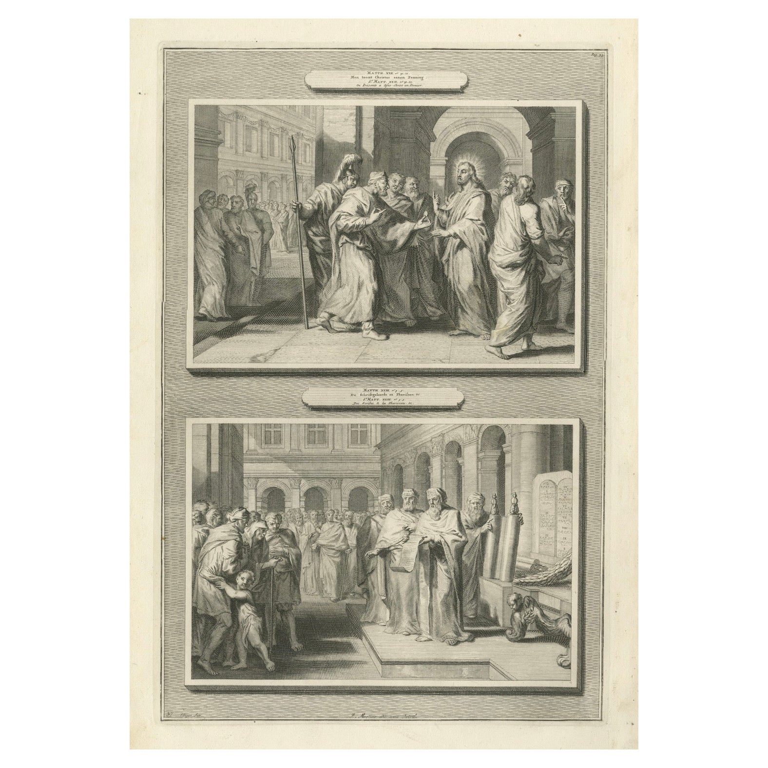 Gravures bibliques anciennes - Hommage à César et lecture de la loi, vers 1700