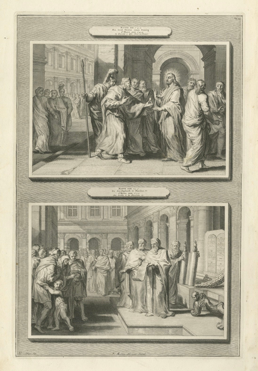 Antike Bibelstiche - Tribut an Cäsar & Gesetzeslesung, ca.1700 im Angebot