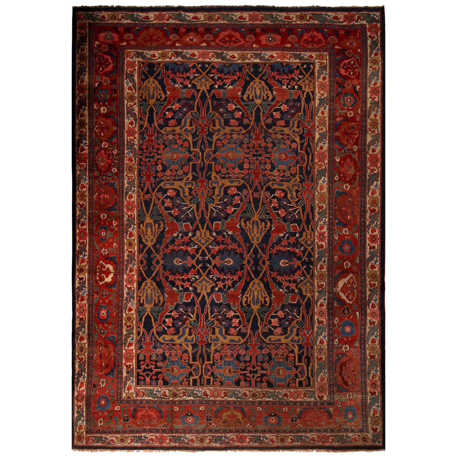 Antique Bidjar Geometric Red and Blue Wool Persian Rug