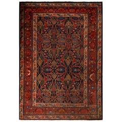 Antique Bidjar Geometric Red and Blue Wool Persian Rug