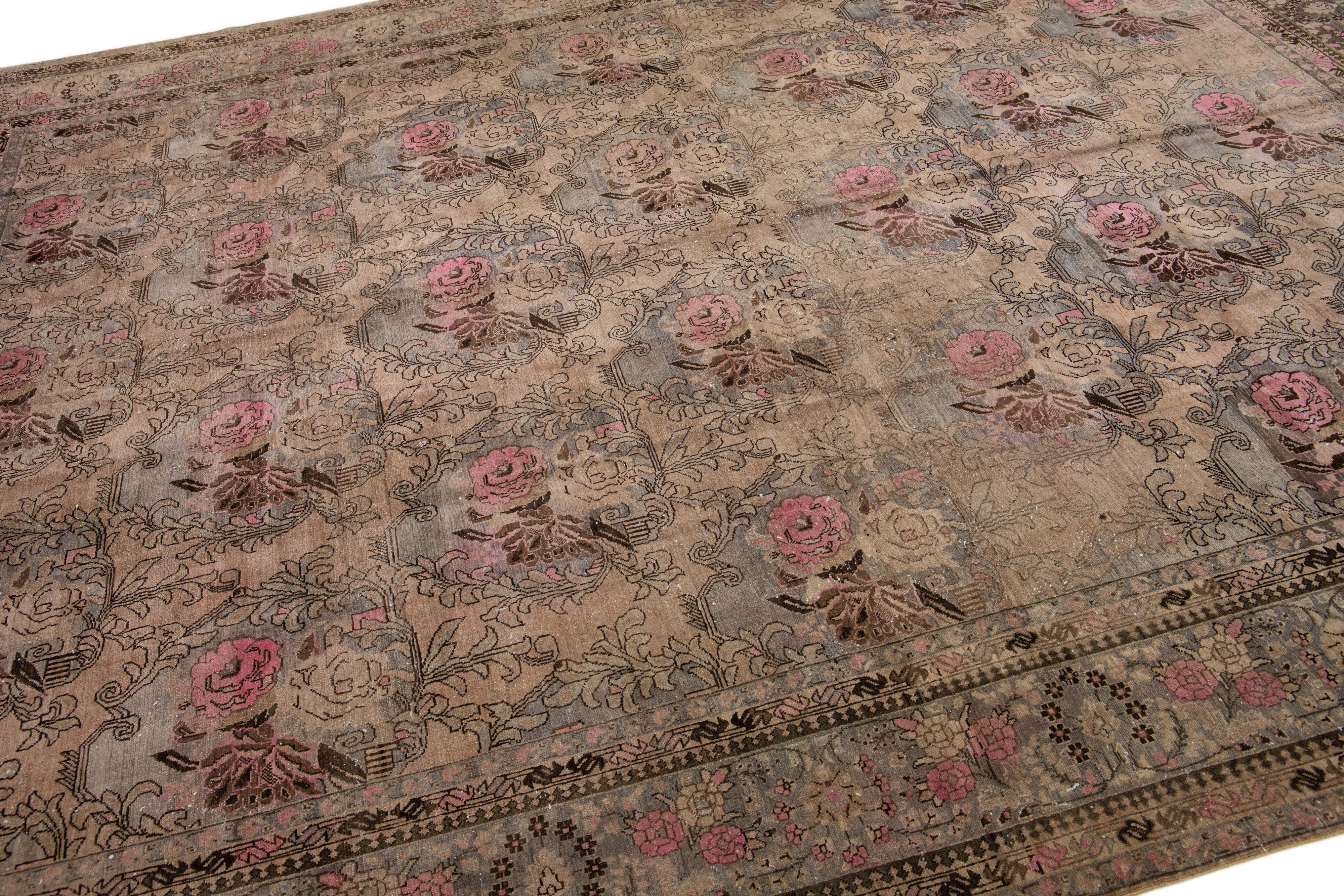 Islamic Antique Bidjar Handmade Allover Floral Pattern Wool Rug in Brown For Sale