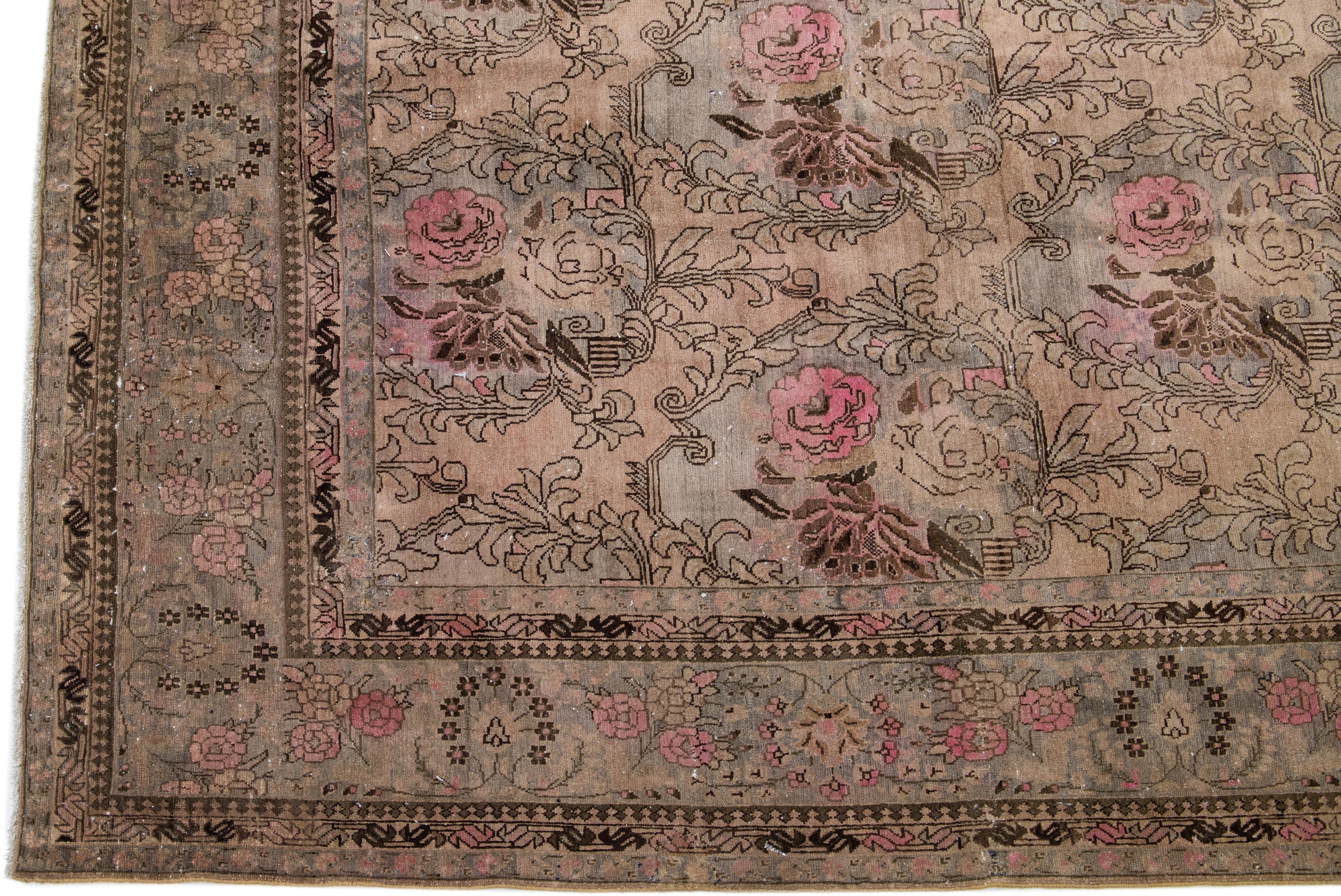 Persian Antique Bidjar Handmade Allover Floral Pattern Wool Rug in Brown For Sale
