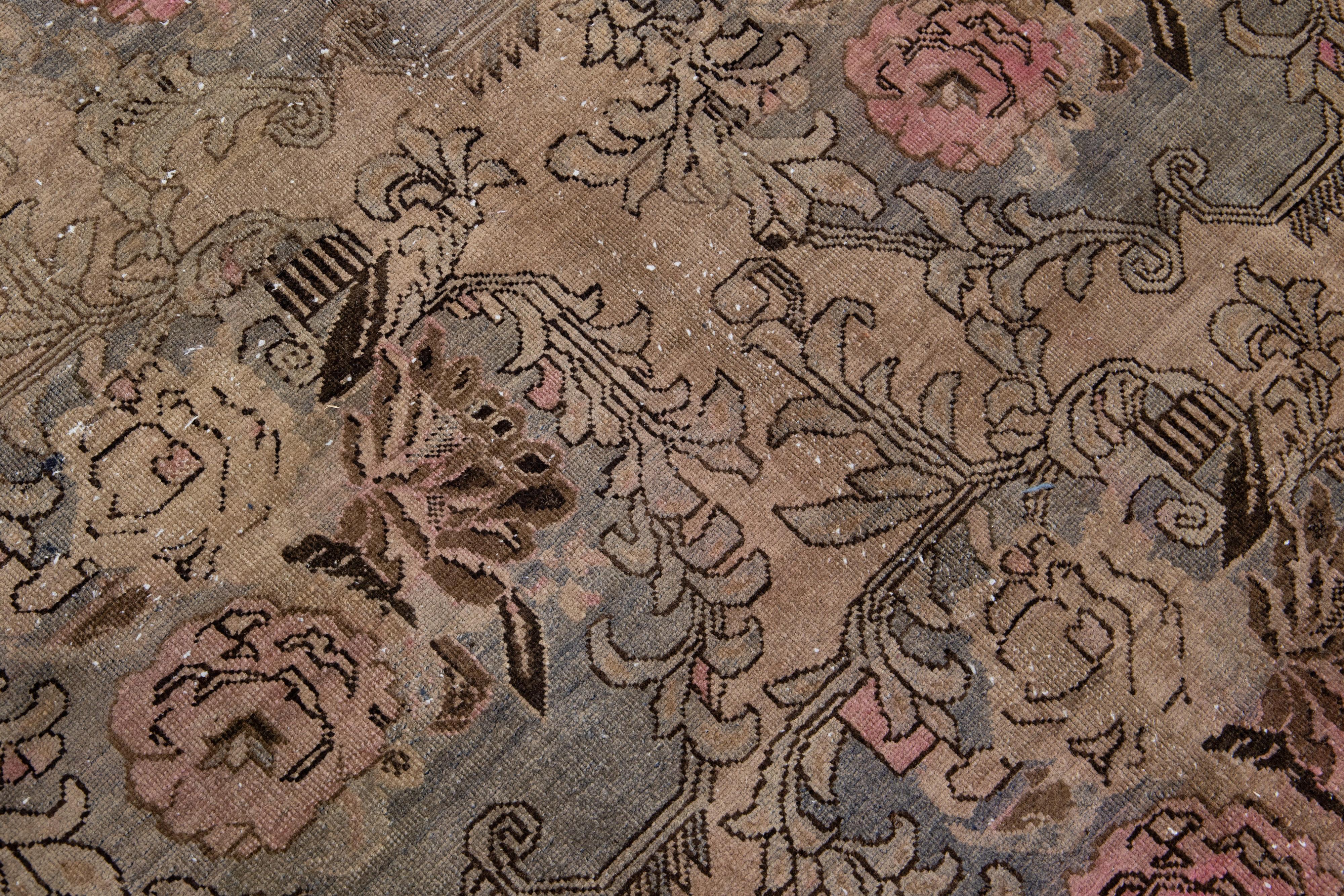 Antique Bidjar Handmade Allover Floral Pattern Wool Rug in Brown In Good Condition For Sale In Norwalk, CT