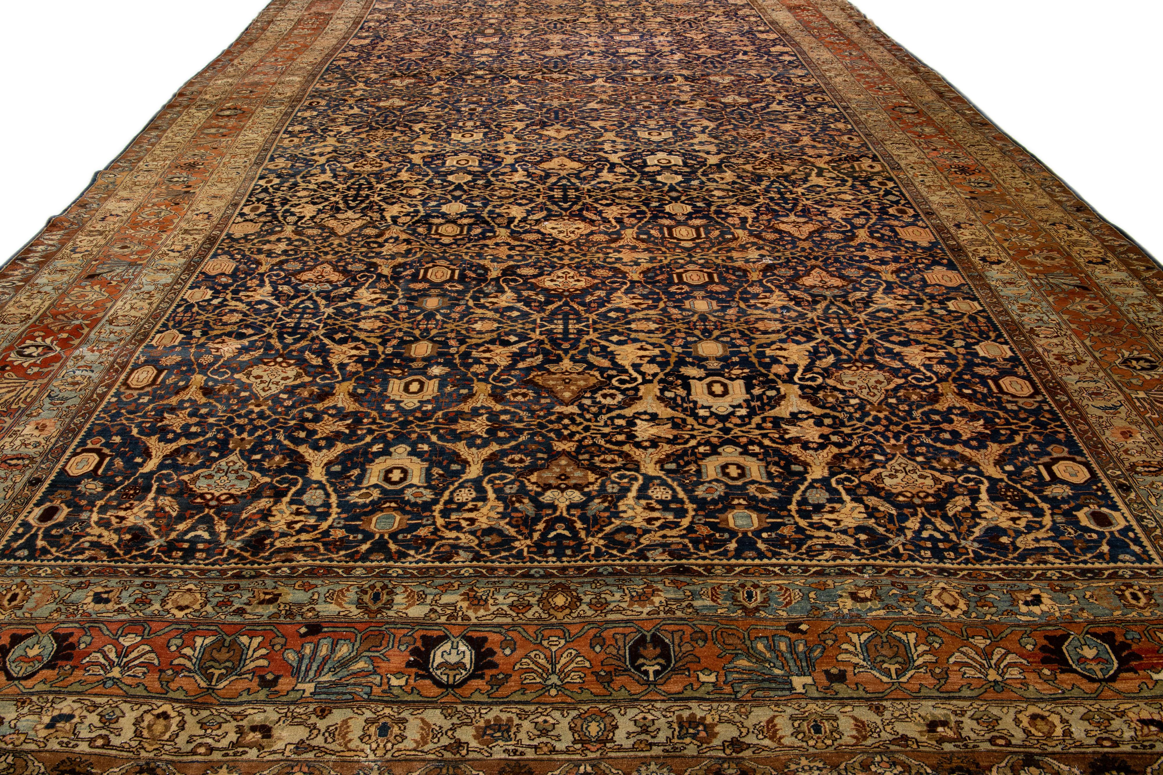 Islamic Antique Bidjar Handmade Floral Oversize Navy Blue Wool Rug For Sale