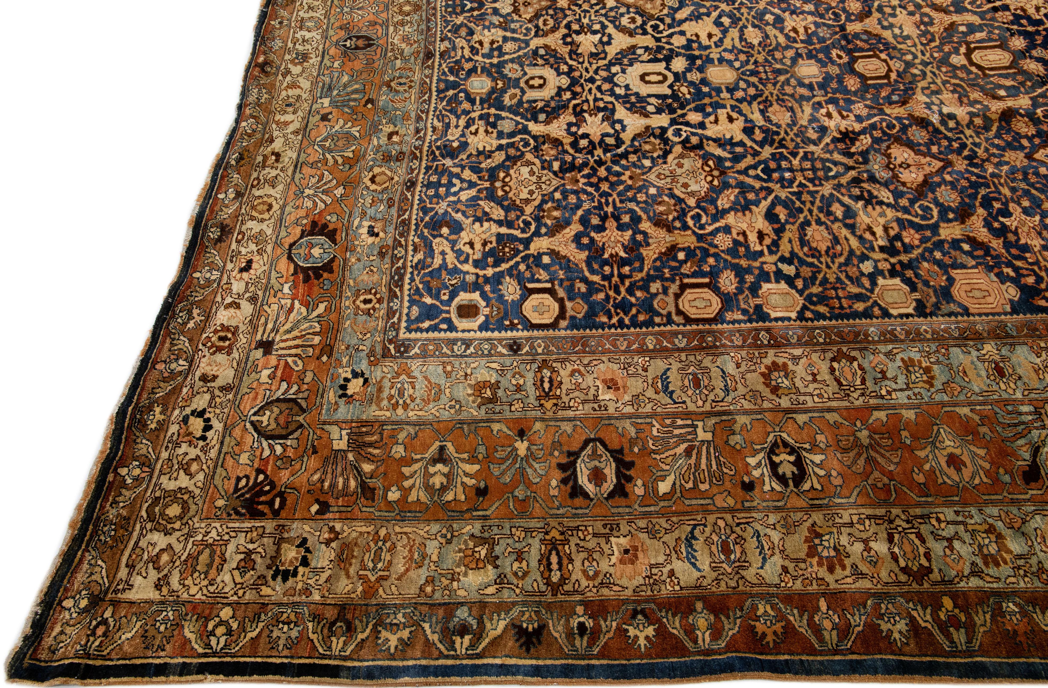 Persian Antique Bidjar Handmade Floral Oversize Navy Blue Wool Rug For Sale