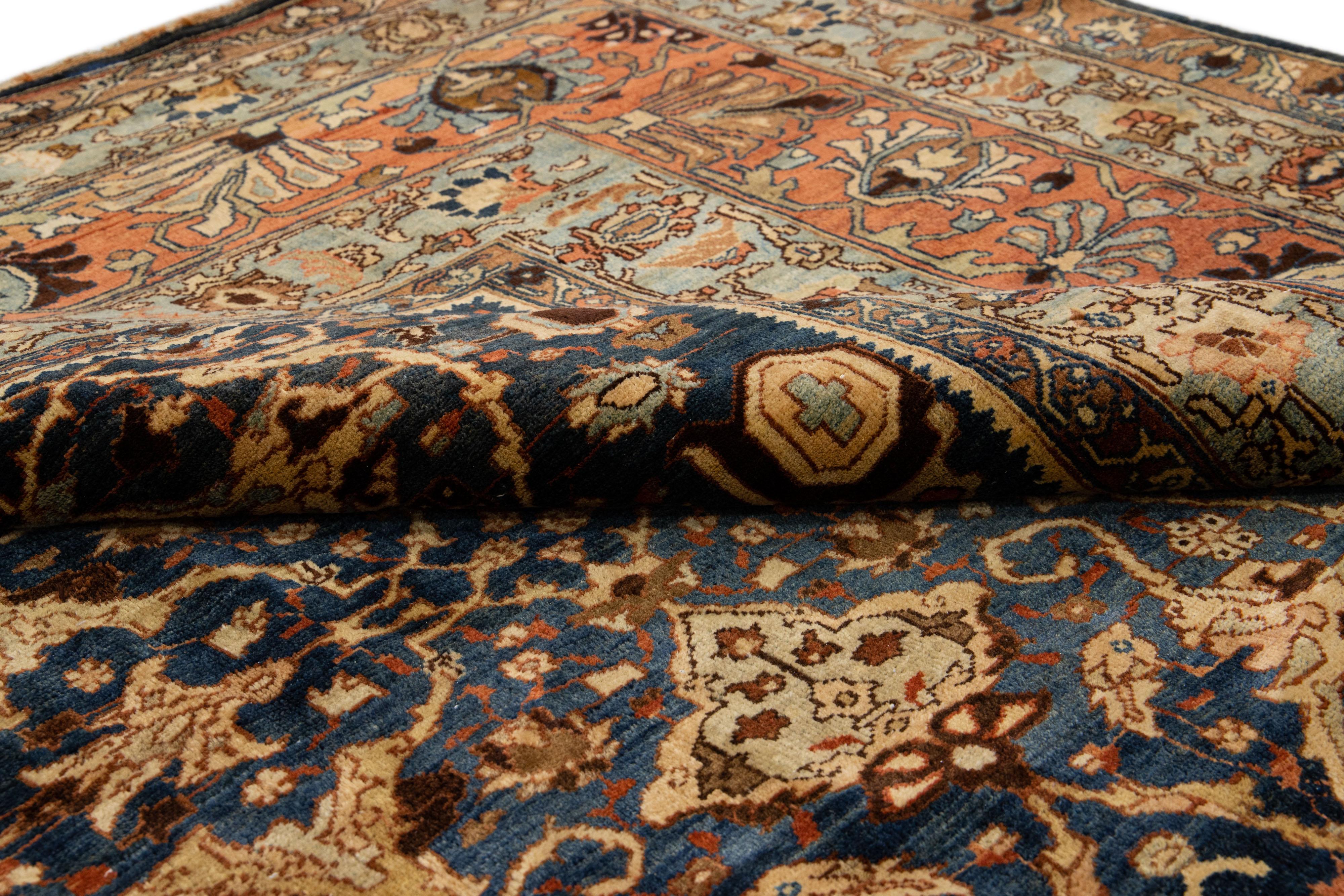 Antique Bidjar Handmade Floral Oversize Navy Blue Wool Rug For Sale 1