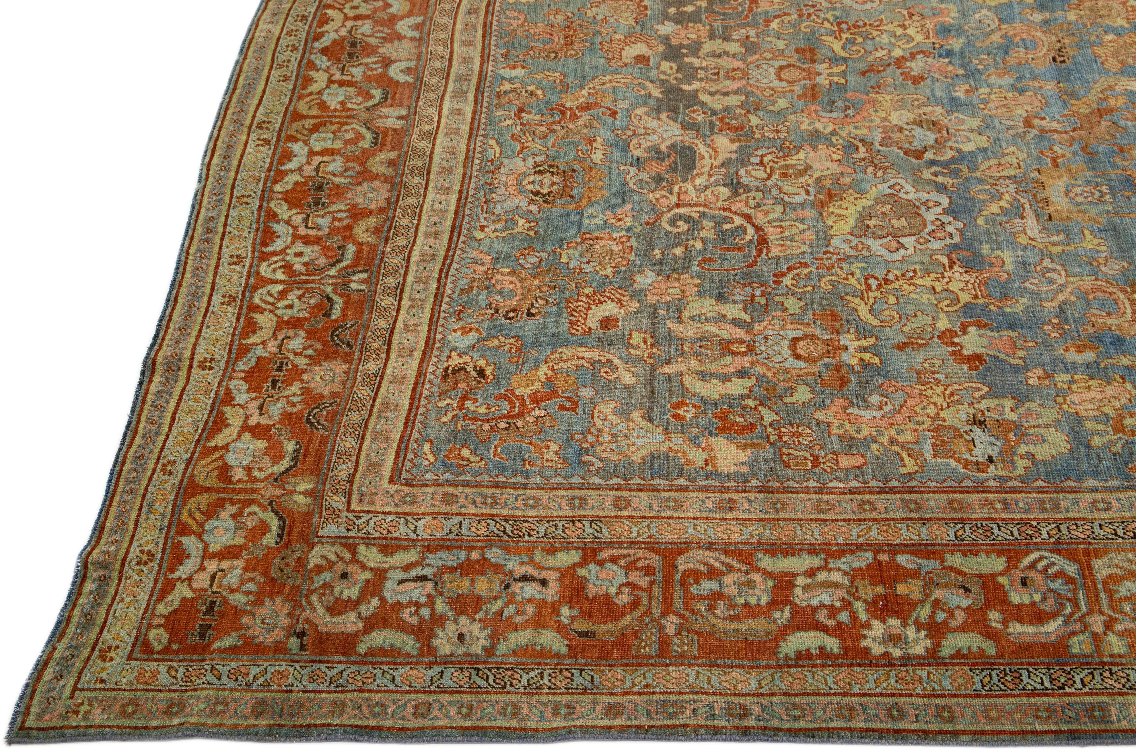 Persian Antique Bidjar Handmade Floral Oversize Rust and Blue Wool Rug For Sale