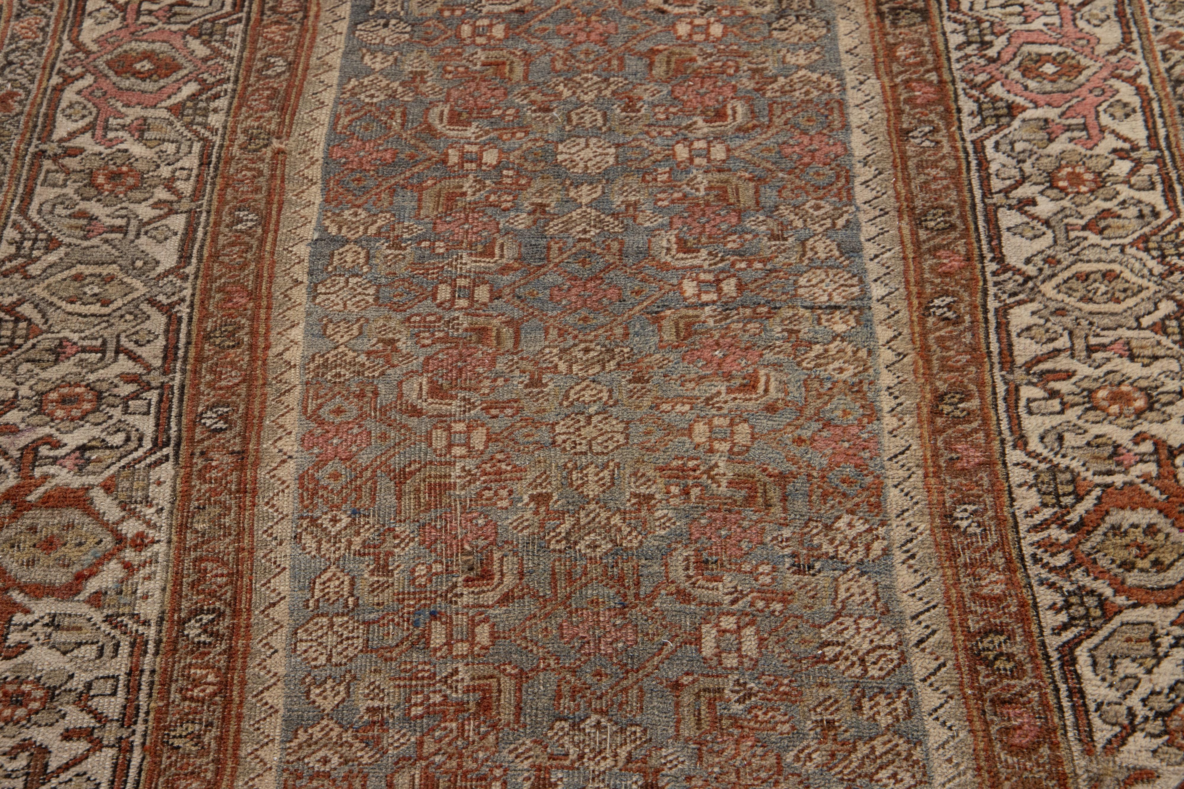 Persian Antique Bidjar Handmade Floral Wool Runner In Gray and Rust Color from the 1890s For Sale