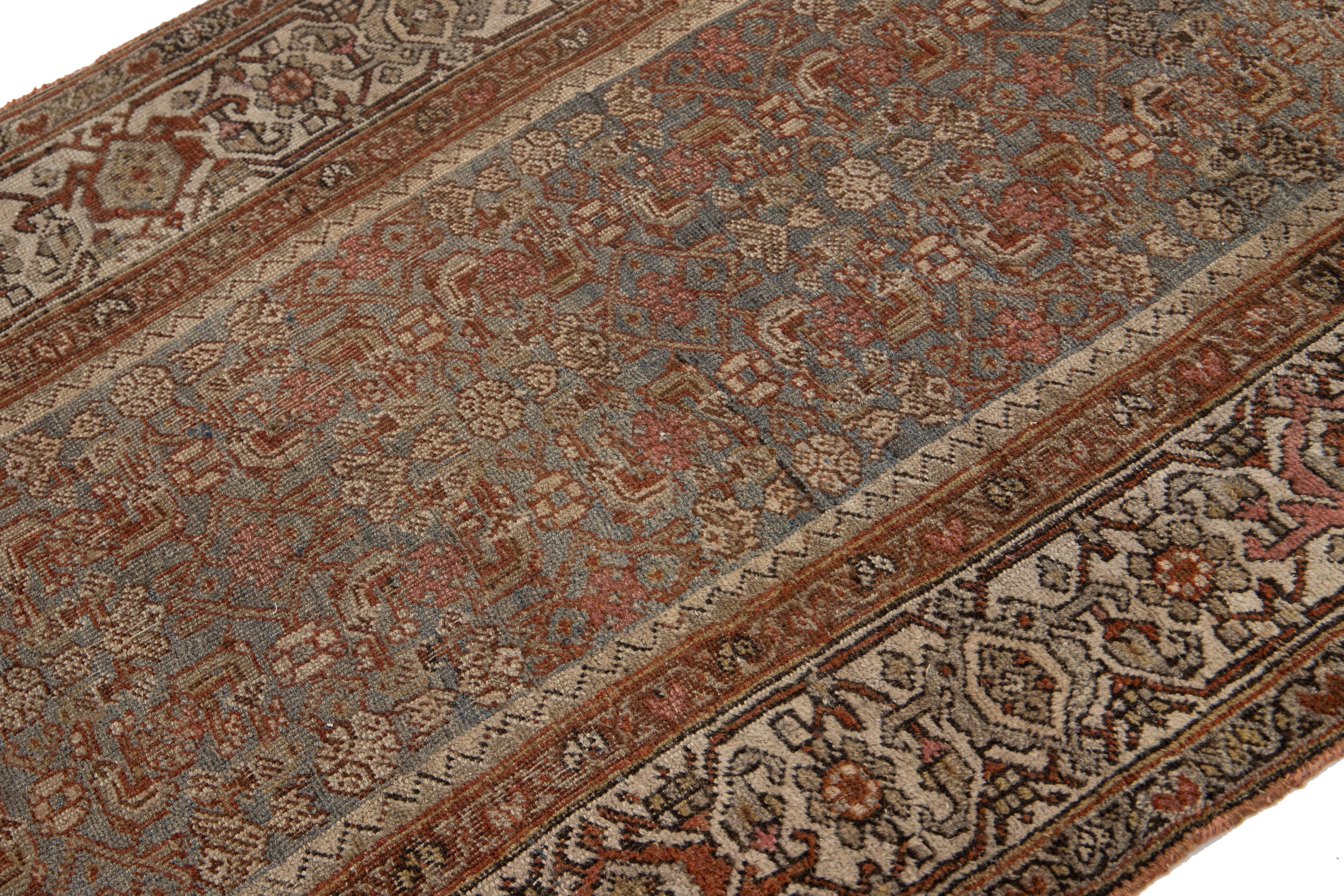 Hand-Knotted Antique Bidjar Handmade Floral Wool Runner In Gray and Rust Color from the 1890s For Sale