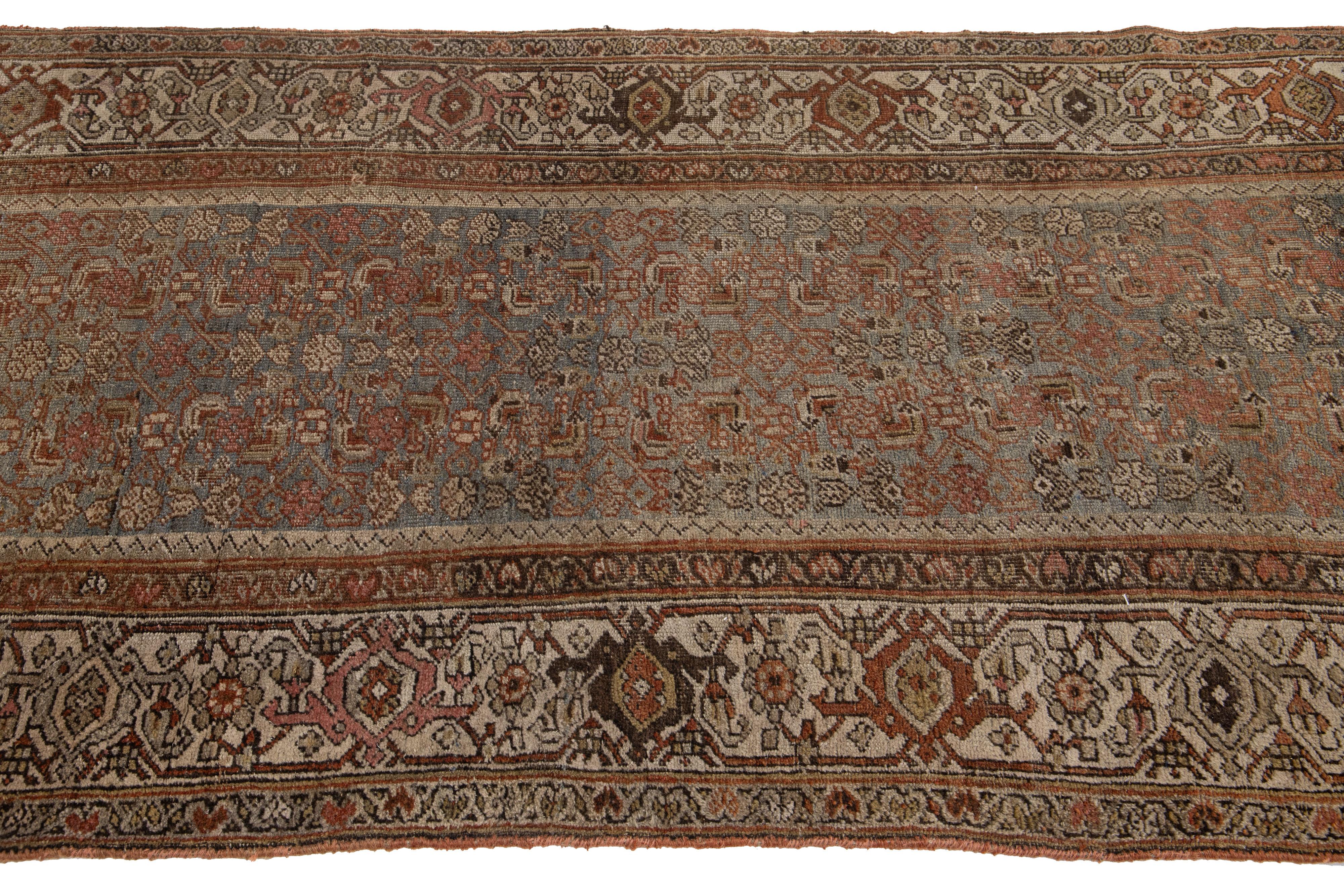 Antique Bidjar Handmade Floral Wool Runner In Gray and Rust Color from the 1890s In Good Condition For Sale In Norwalk, CT
