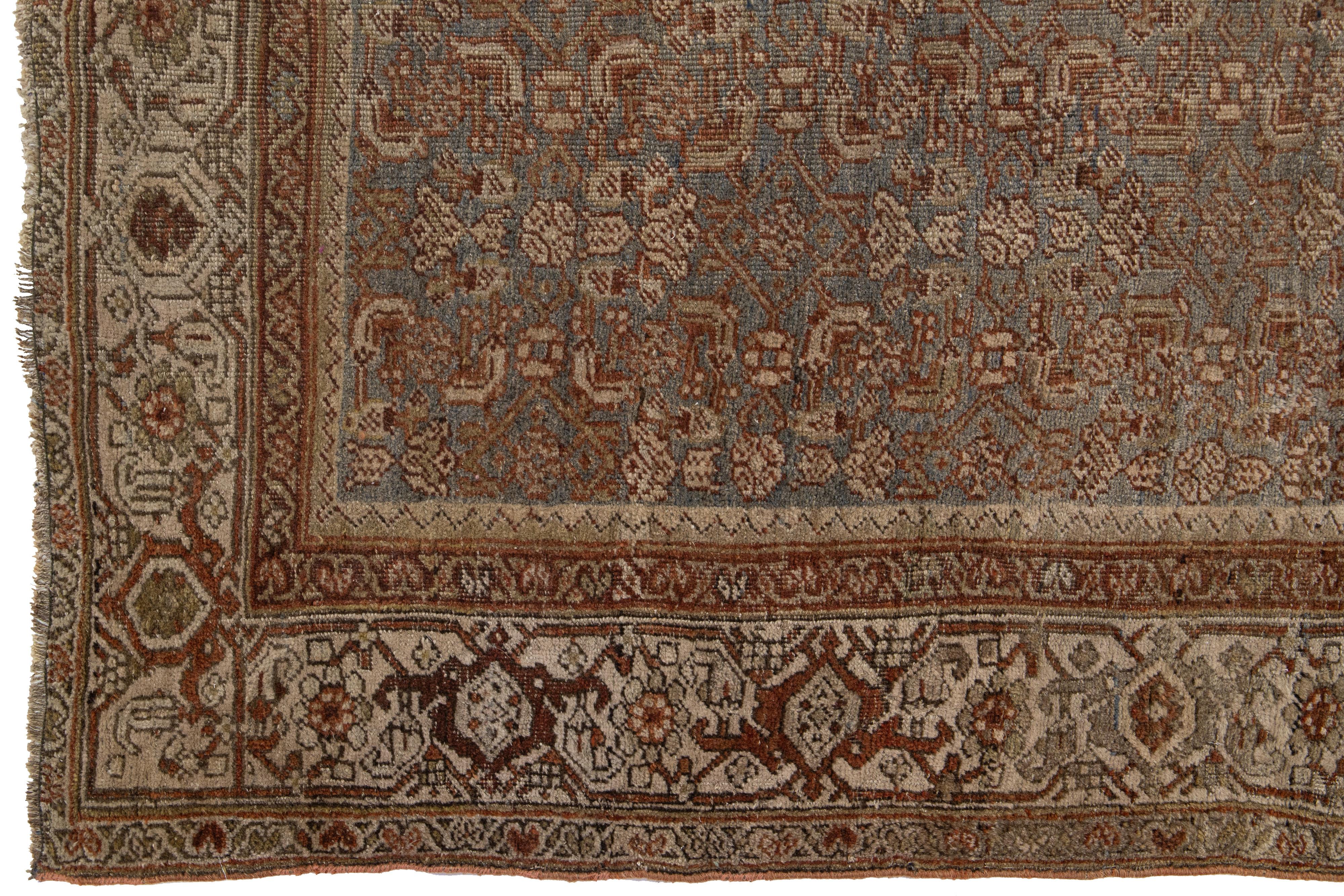 Late 19th Century Antique Bidjar Handmade Floral Wool Runner In Gray and Rust Color from the 1890s For Sale