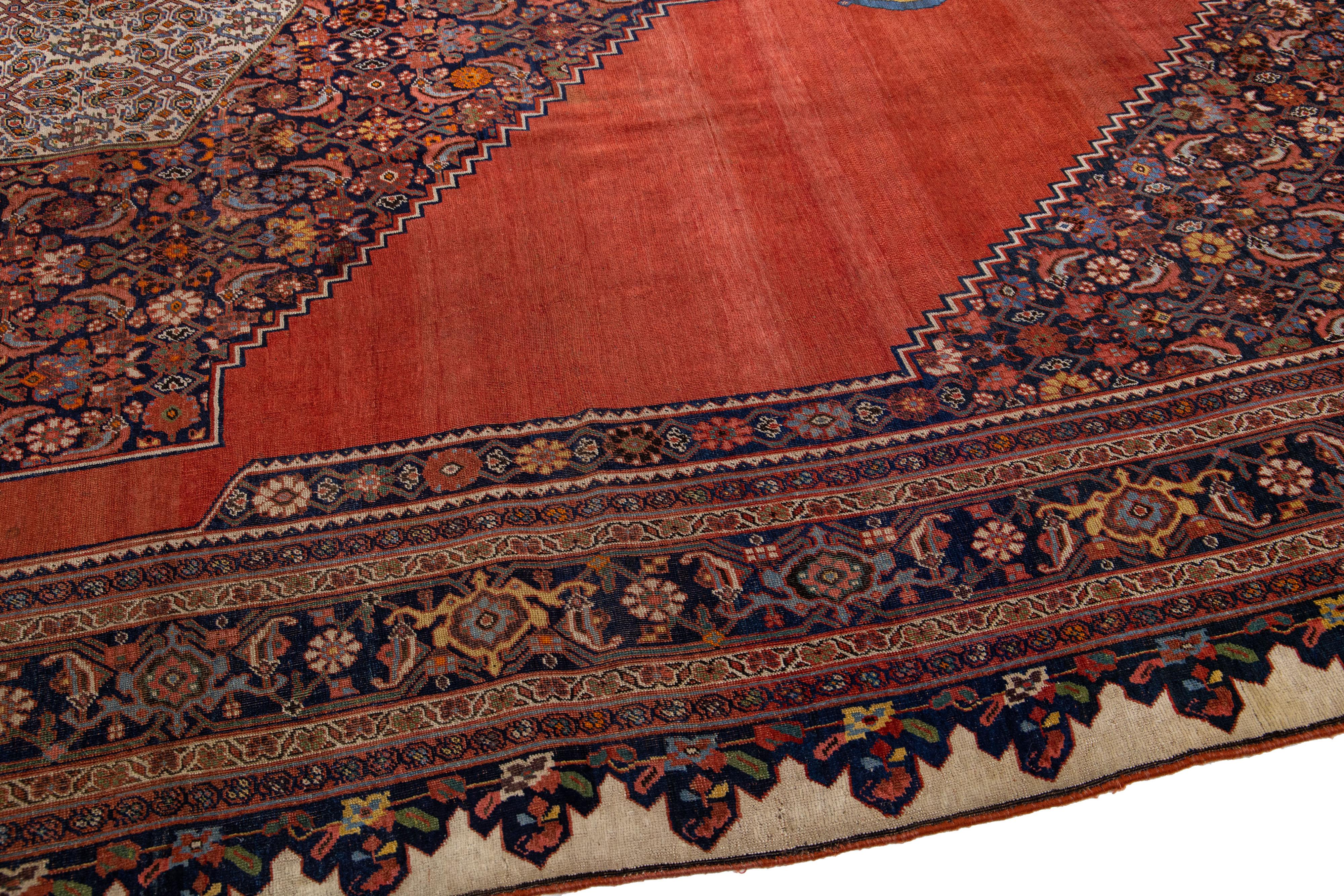 Antique Bidjar Handmade Persian Red Wool Rug with Medallion Motif For Sale 1