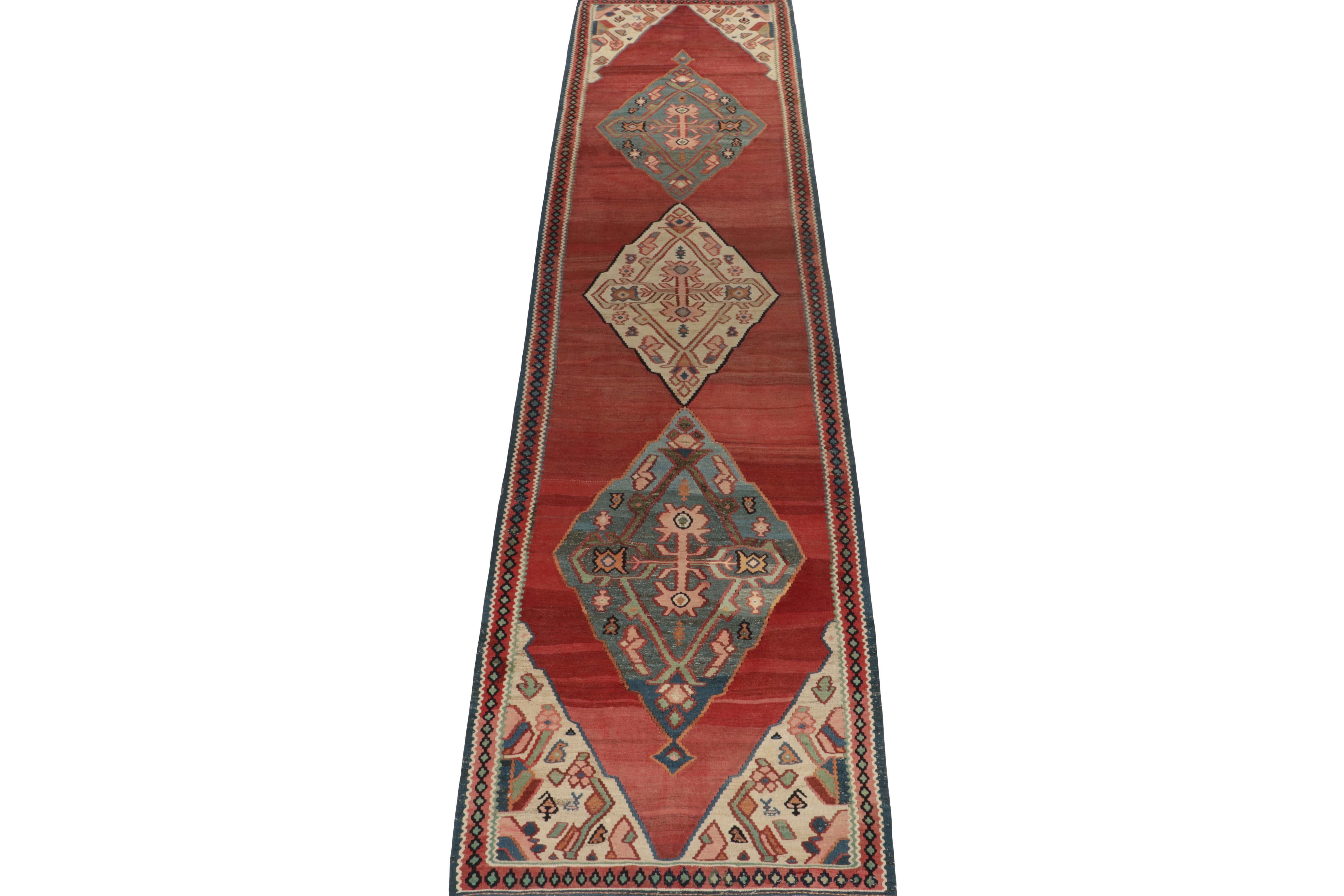 Persian Antique Bidjar Kilim in Red & Blue Tribal Medallion, Pink Accents by Rug & Kilim