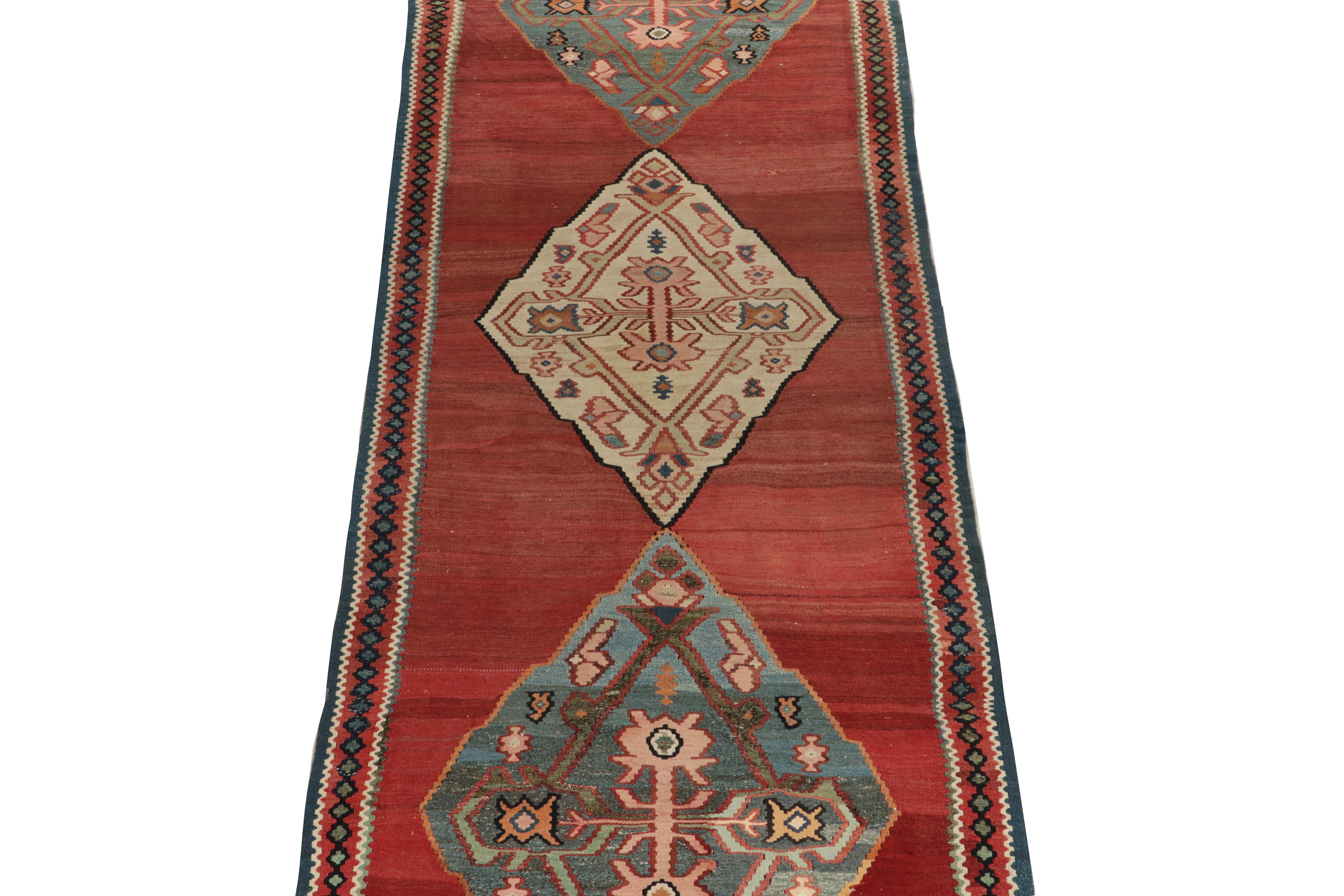 Hand-Knotted Antique Bidjar Kilim in Red & Blue Tribal Medallion, Pink Accents by Rug & Kilim
