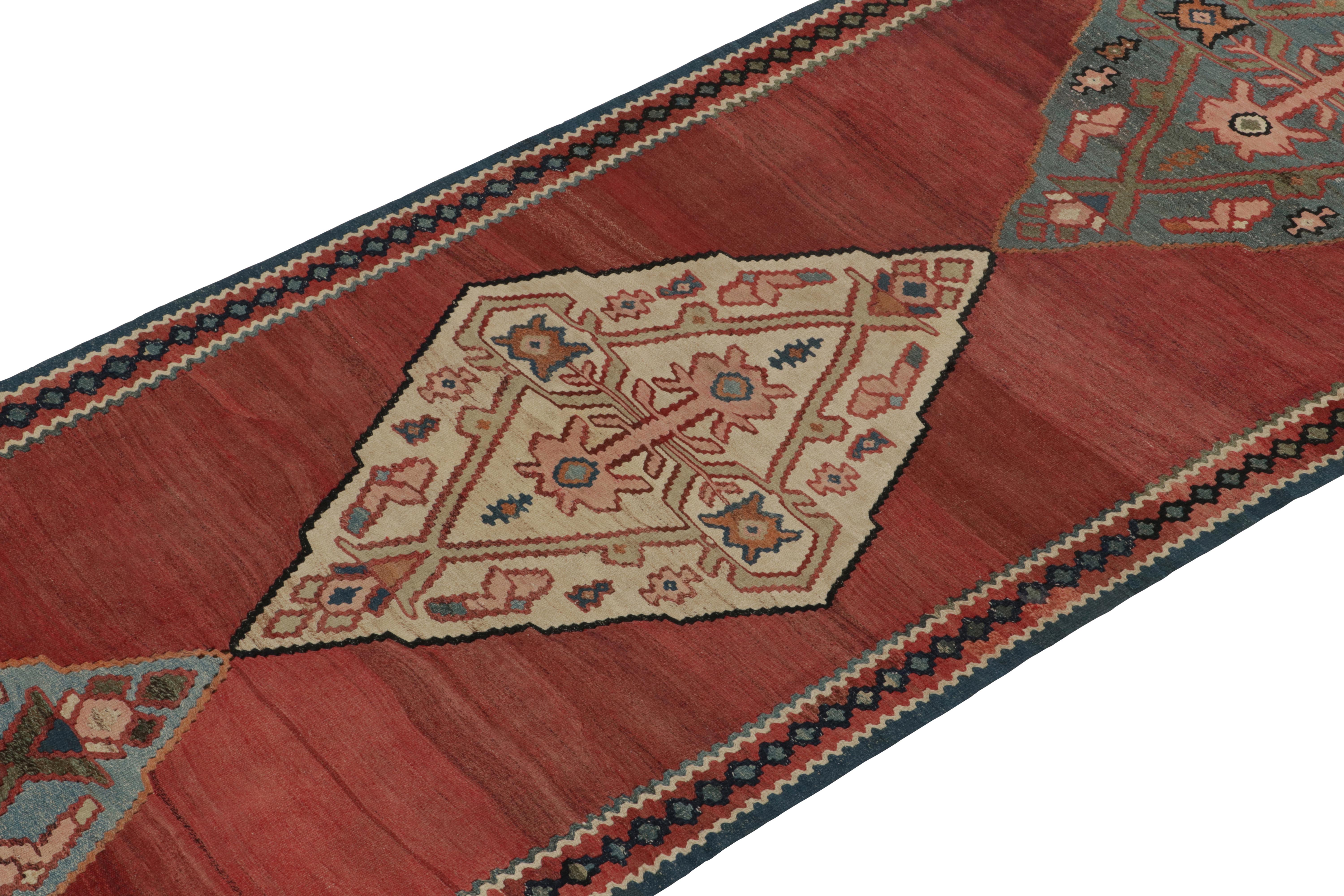 Antique Bidjar Kilim in Red & Blue Tribal Medallion, Pink Accents by Rug & Kilim In Good Condition In Long Island City, NY