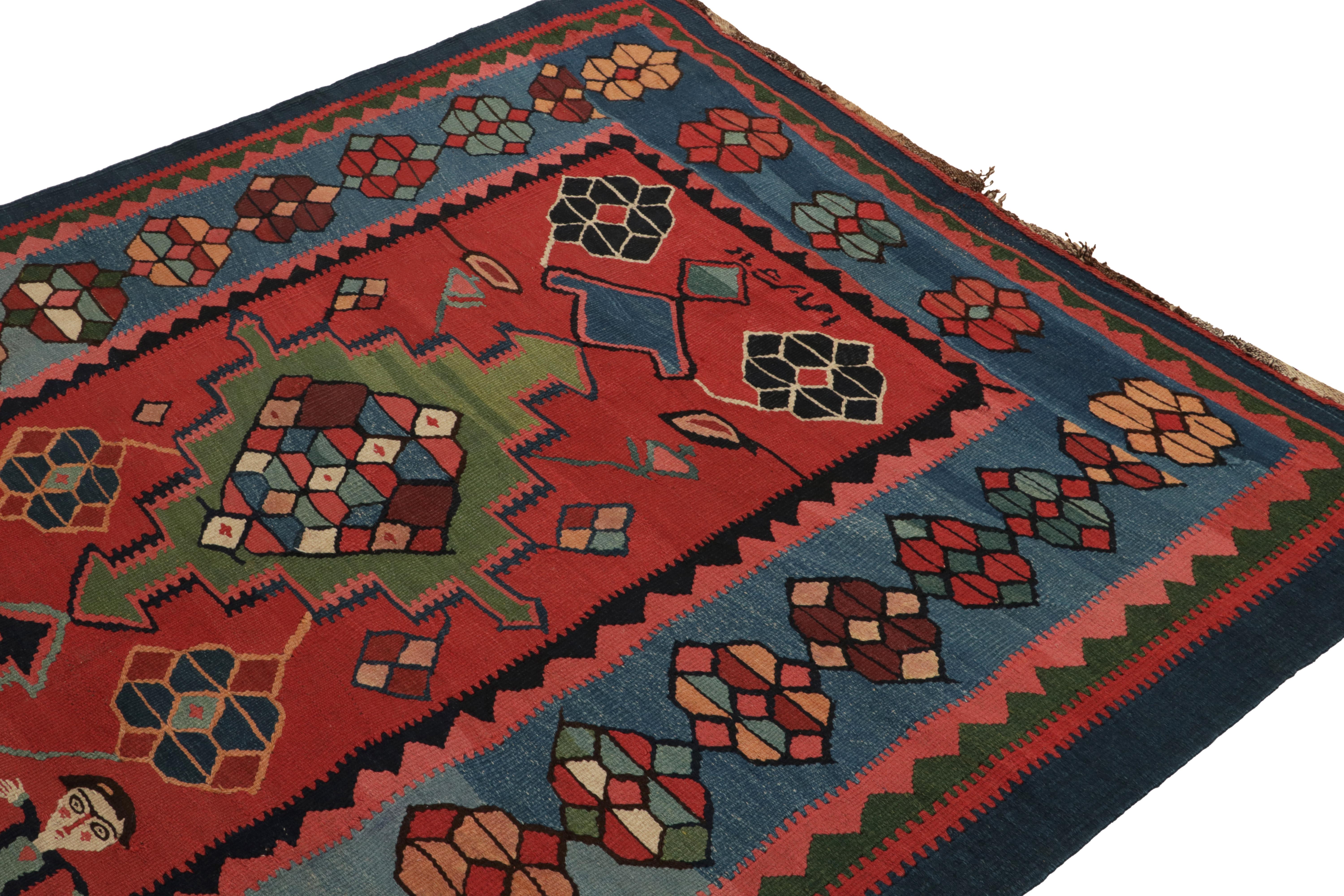 Early 20th Century Antique Bidjar Kilim Rug in Red, Blue Tribal Geometric Pattern by Rug & Kilim For Sale