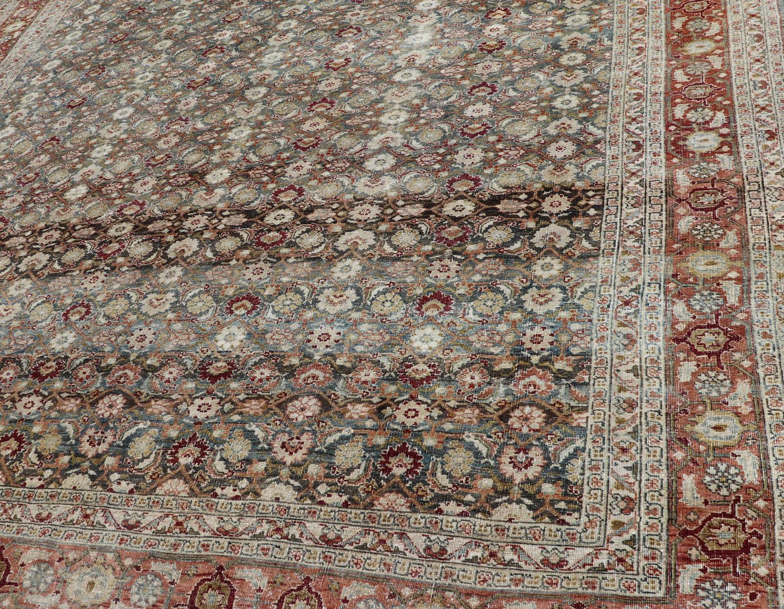 Hand-Knotted Antique Bidjar Large Gallery Rug in All-Over Herati Design For Sale
