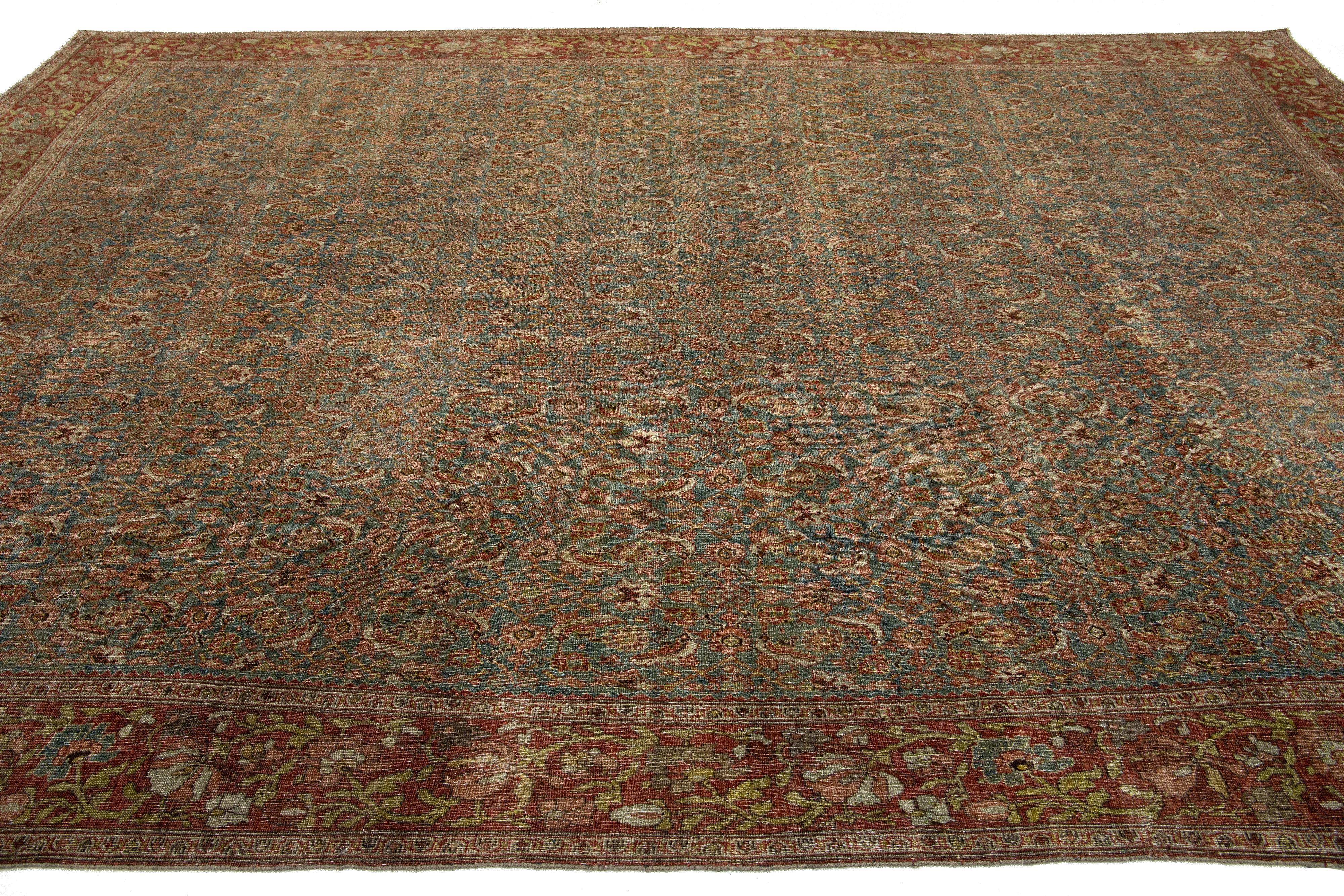 20ième siècle Tapis persan antique Bidjar en laine bleue fait à la main avec motif sur toute la surface en vente