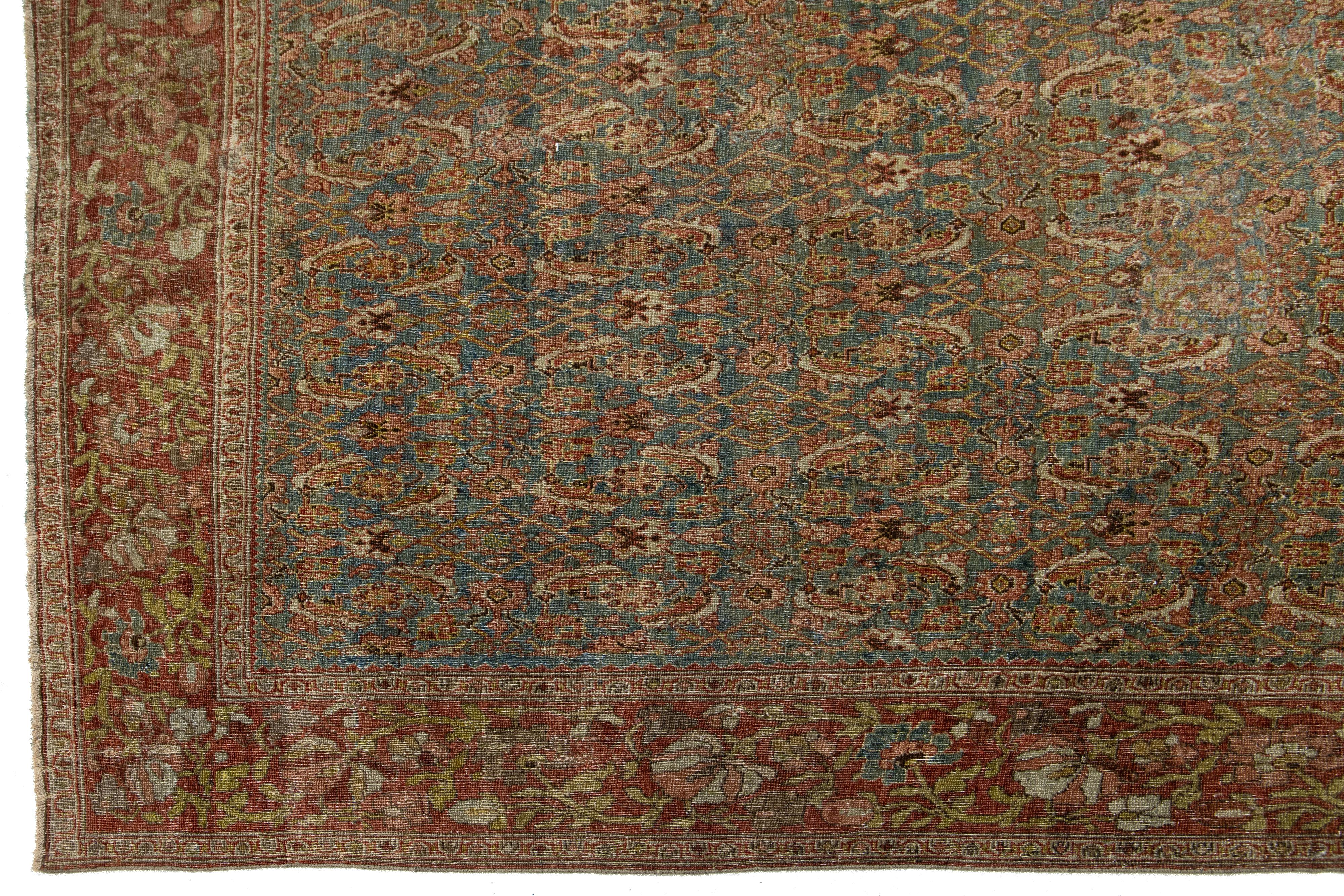 Laine Tapis persan antique Bidjar en laine bleue fait à la main avec motif sur toute la surface en vente