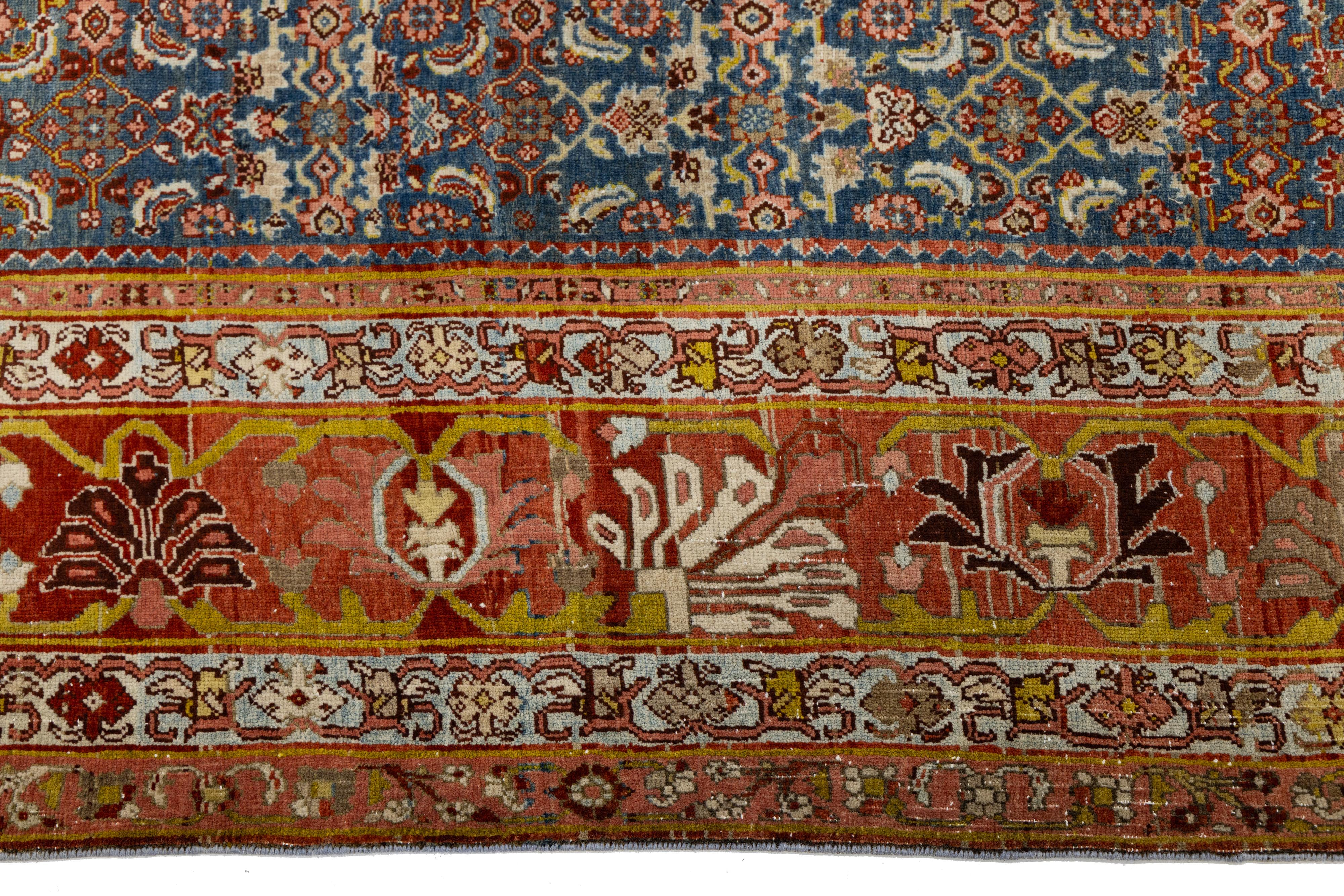 Antiker Bidjar Persischer Wollteppich Handgefertigt in Blau mit Geometrischen Motiven im Angebot 3